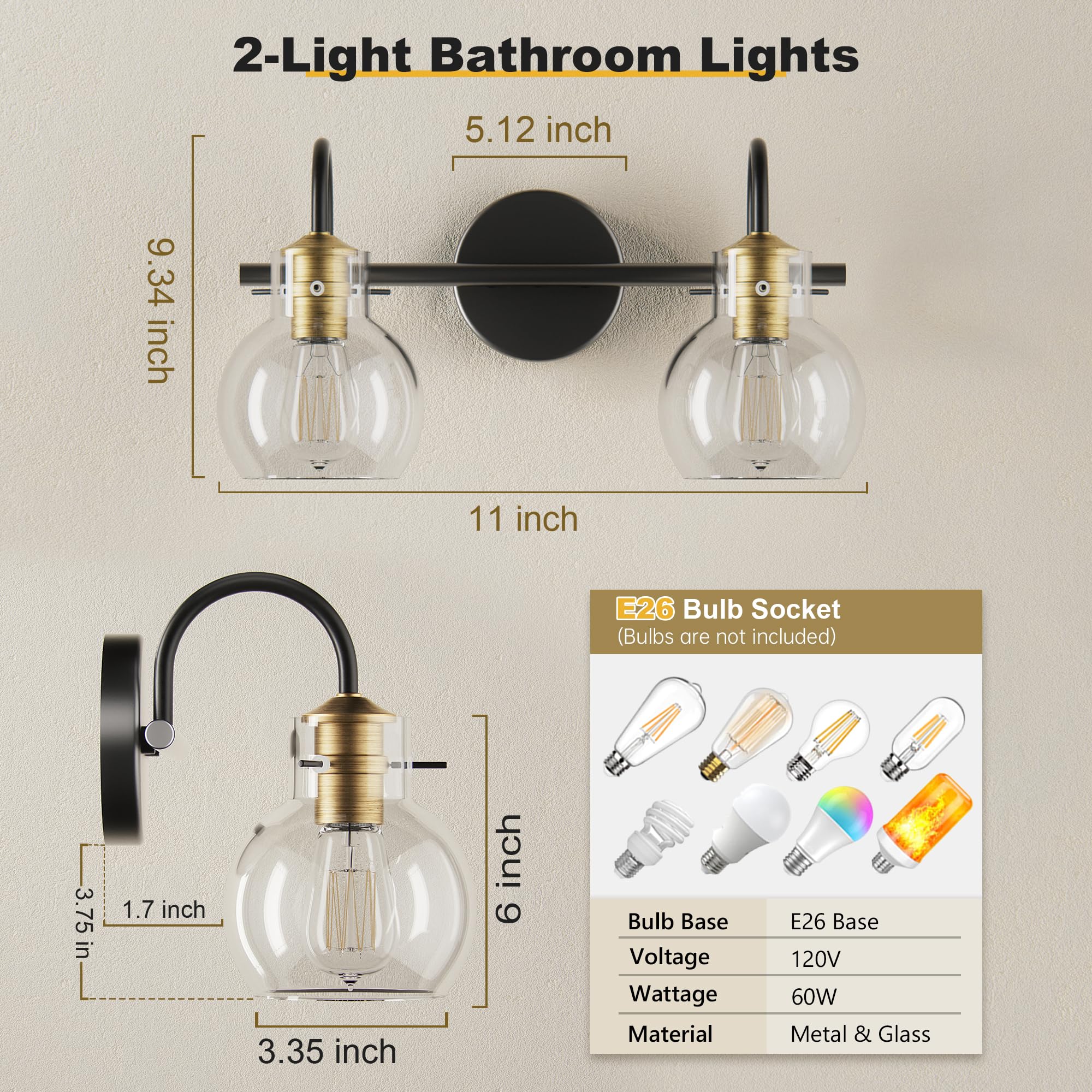 Primeplus Bathroom Vanity Lighting Fixtures, Bathroom Wall Mounted Sconces Lighting Vanity Lights For Bathroom With Globel Glass Shade, E26 Base