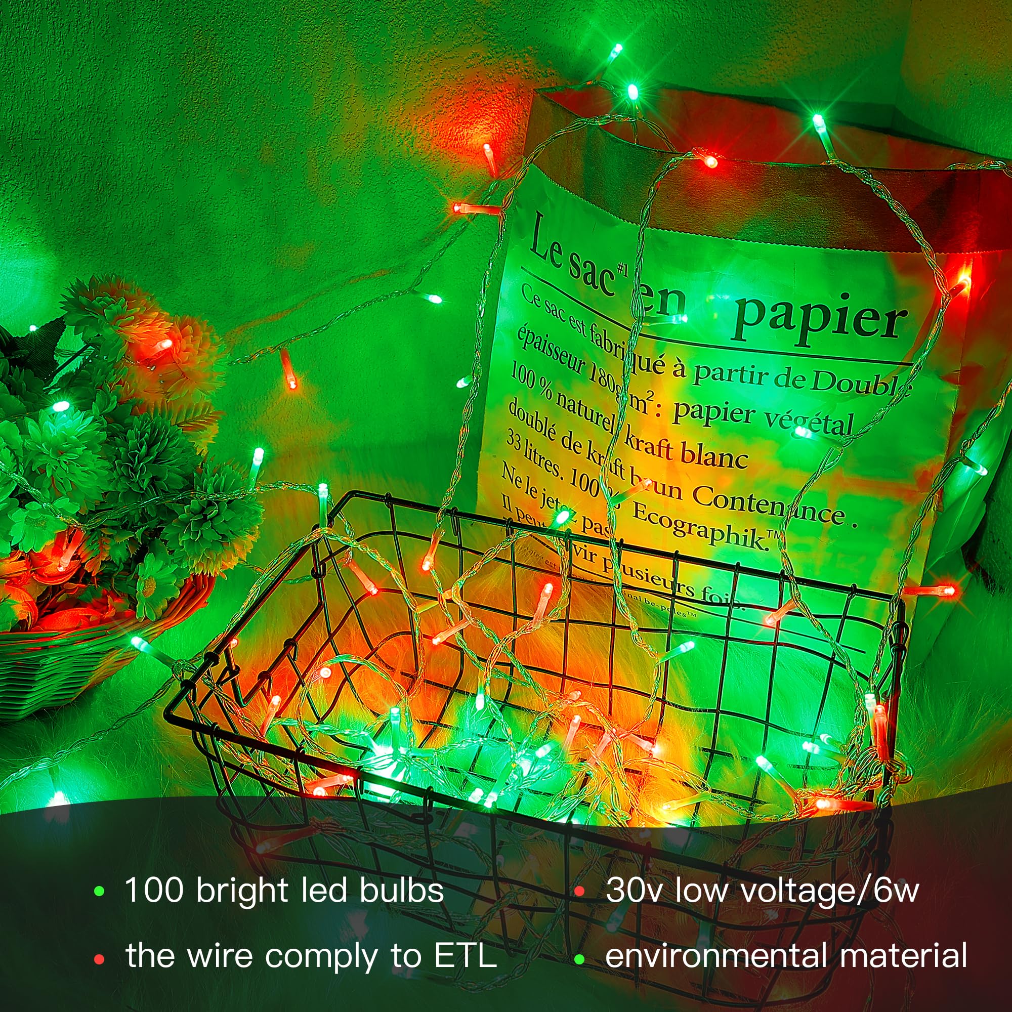 Hopolon Christmas String Lights, 100 LED, 33FT Waterproof Twinkle Lights, Red and Green, Model QX-U-O-S-100-10-RG-C