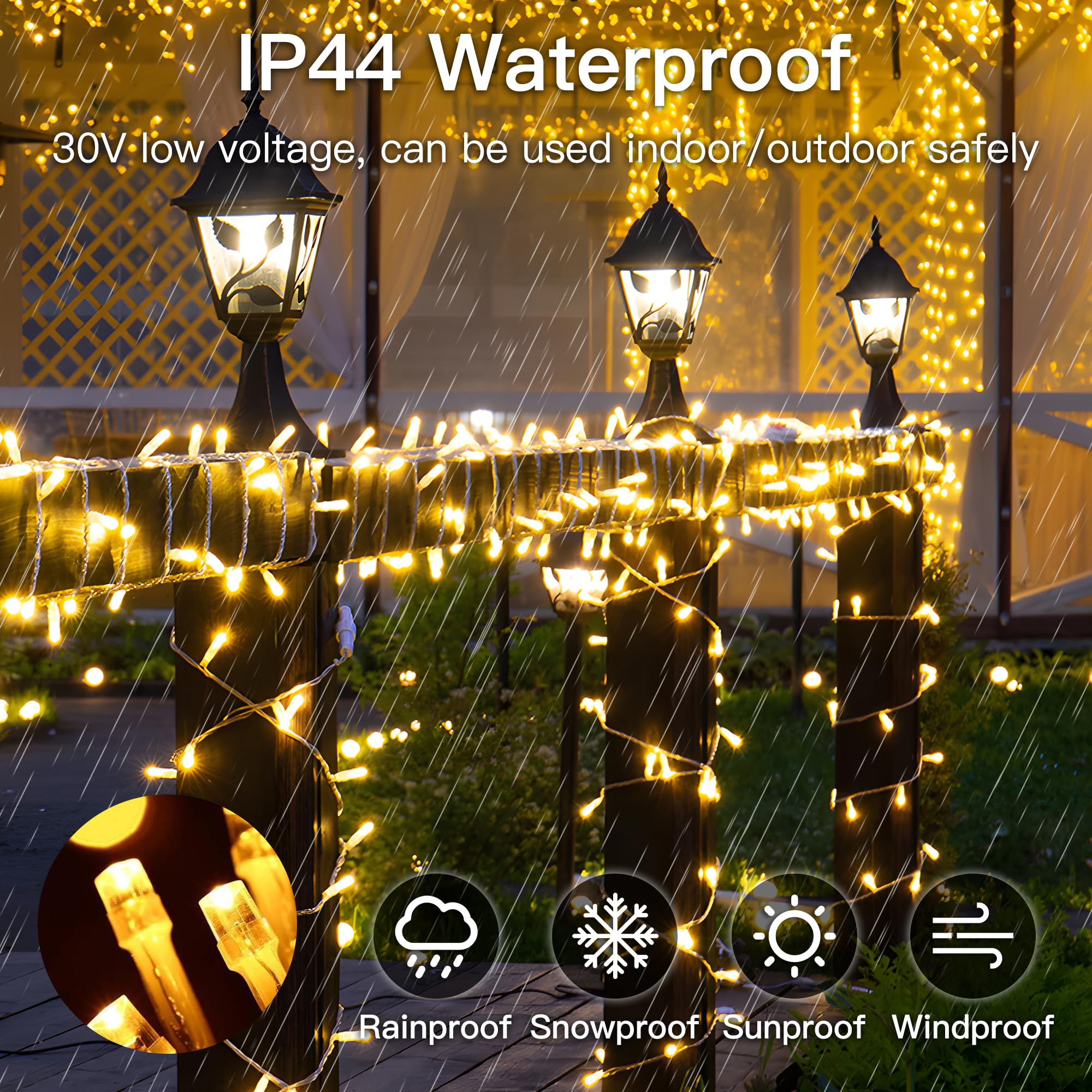 MYGOTO 33FT 100 LEDs String Lights Waterproof Fairy Lights 8 Modes Warm White QX-U-O-S-100-A-C