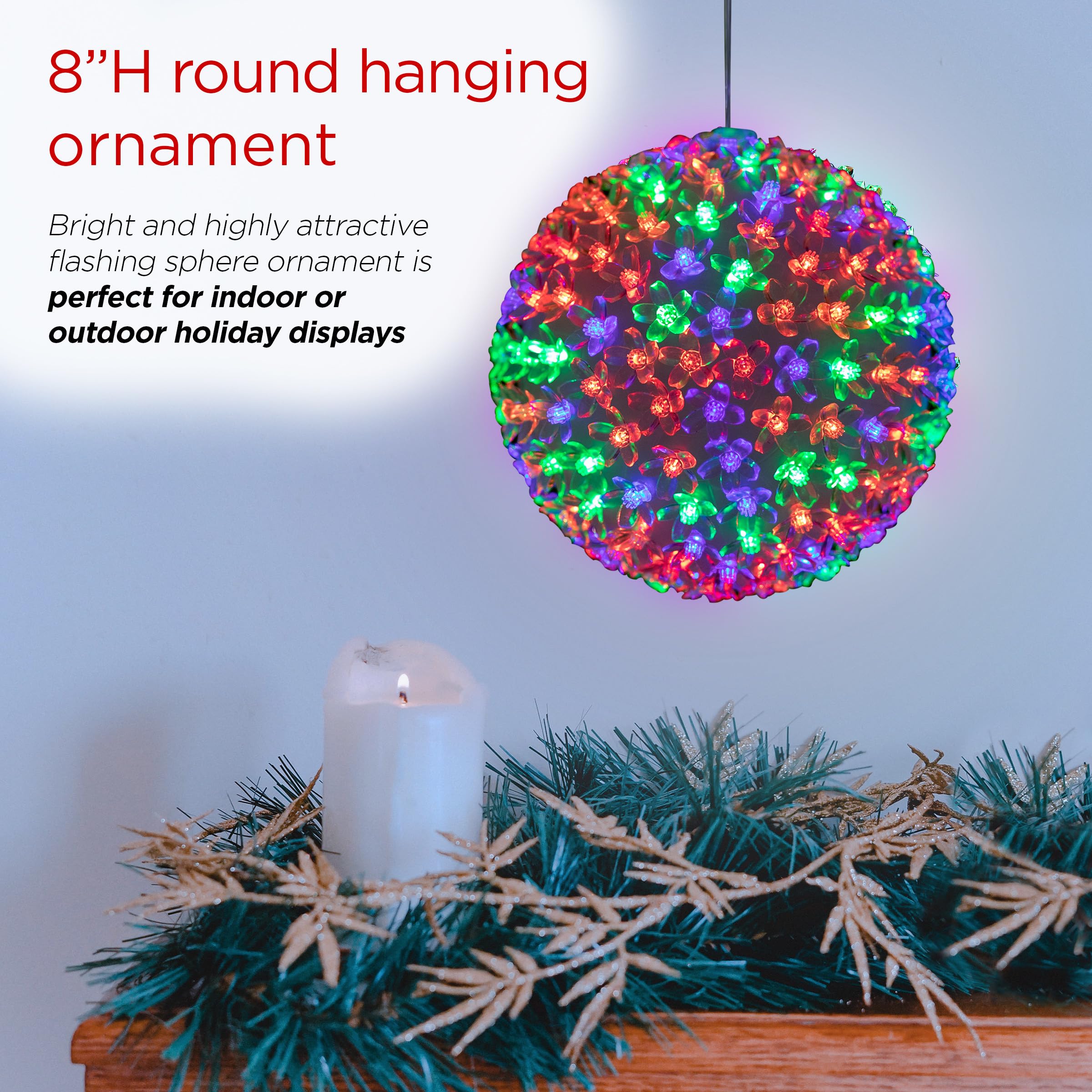 Alpine Corporation 8" Indoor/Outdoor Flashing Sphere Ornament with Multi-Colored LED Lights, Plastic Christmas Decoration, Model COR108MC