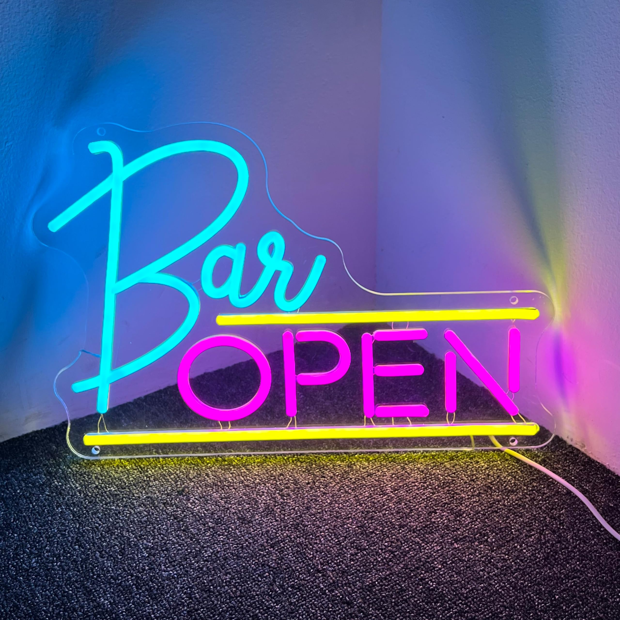 NEONGRAND Open Bar Neon Sign Light, Acrylic, 16x10.7in , Pink and Ice Blue