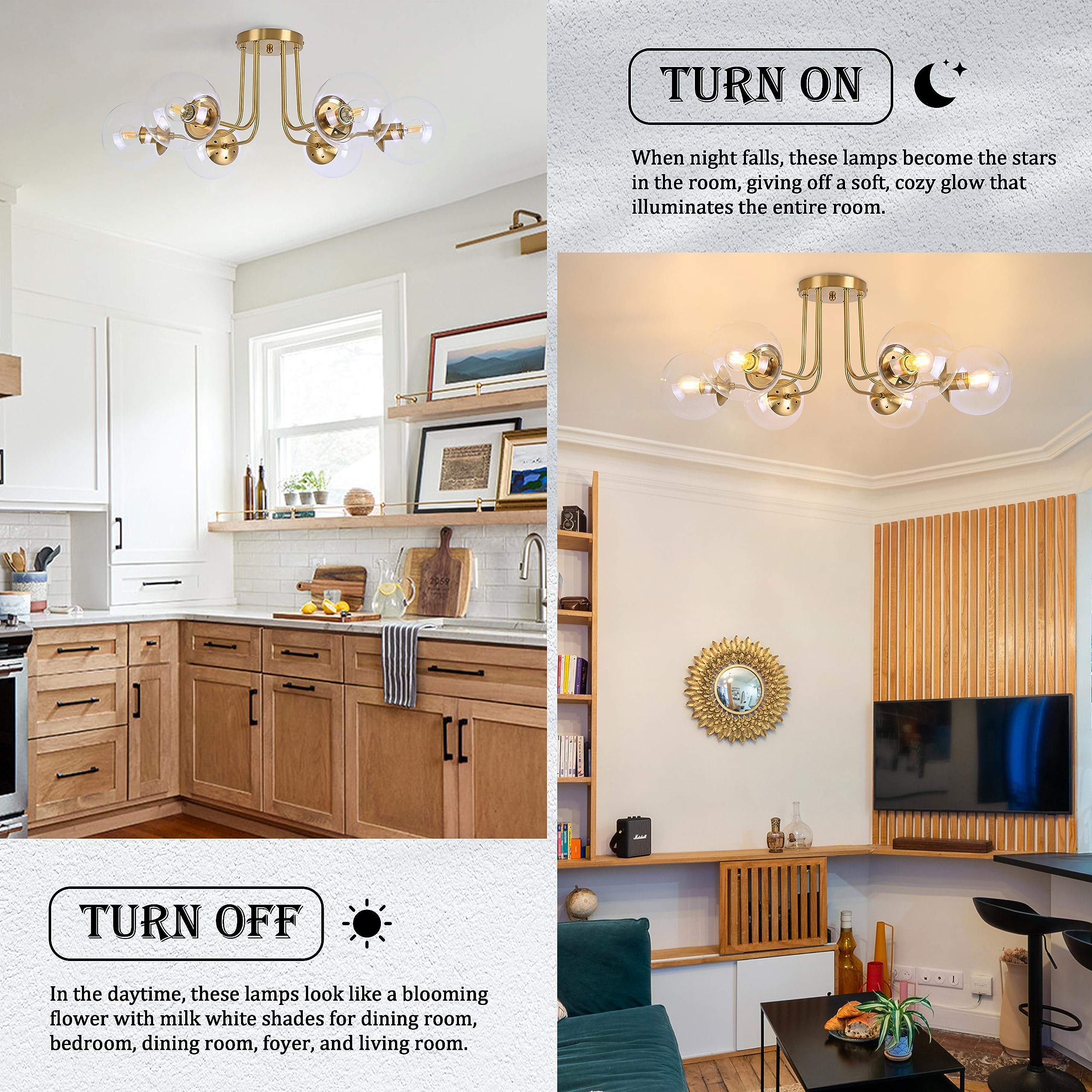 Koko&Yukina 6-Light Mid Century Ceiling Light Modern Semi Flush Mount Ceiling Light Fixture Globe Ceiling Light With Clear Glass