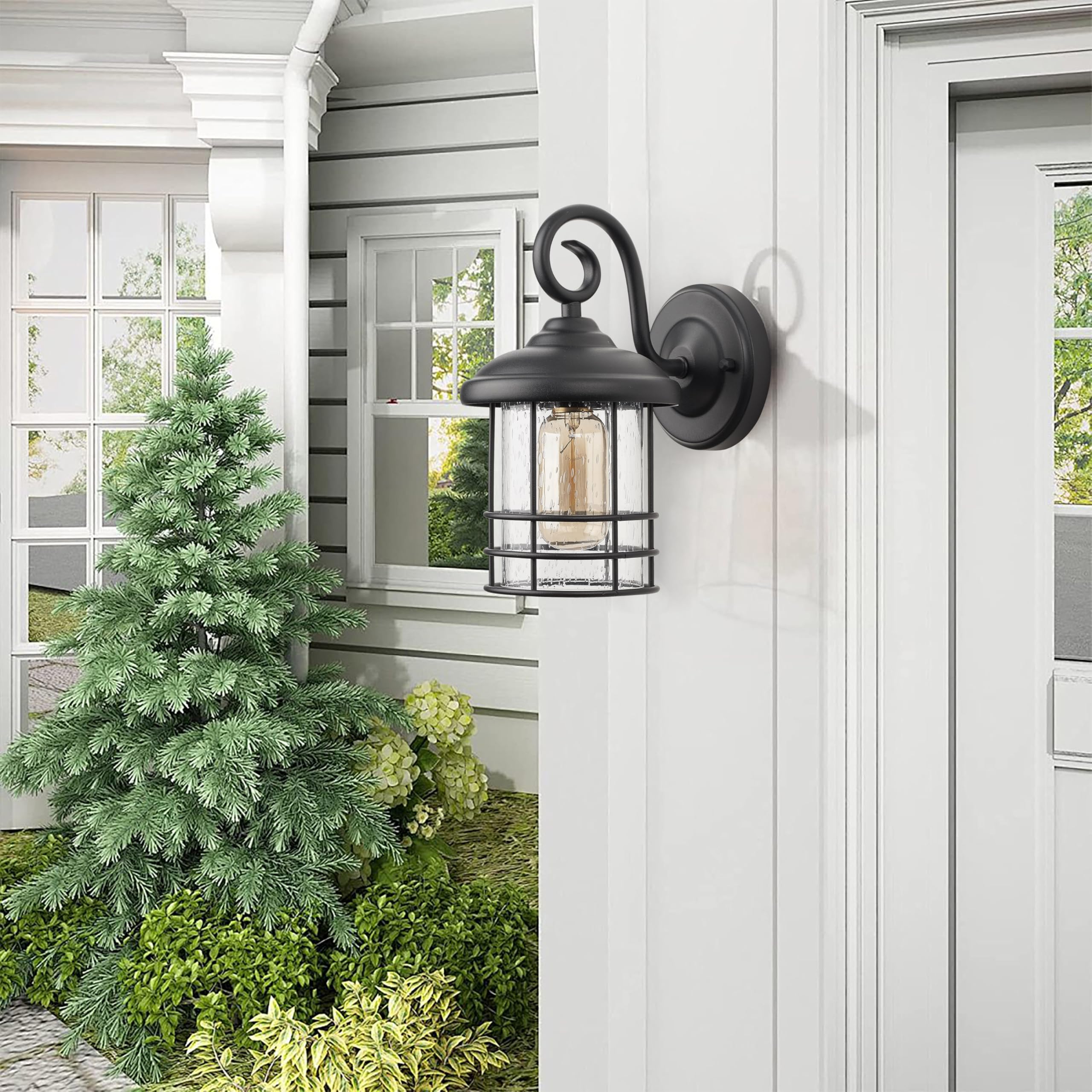 Micsiu Textured Black Exterior Wall Sconce Lantern, 9.8 Inch Outdoor Wall Lighting With E26 Based Socket,Clear Seedy Round Outsi