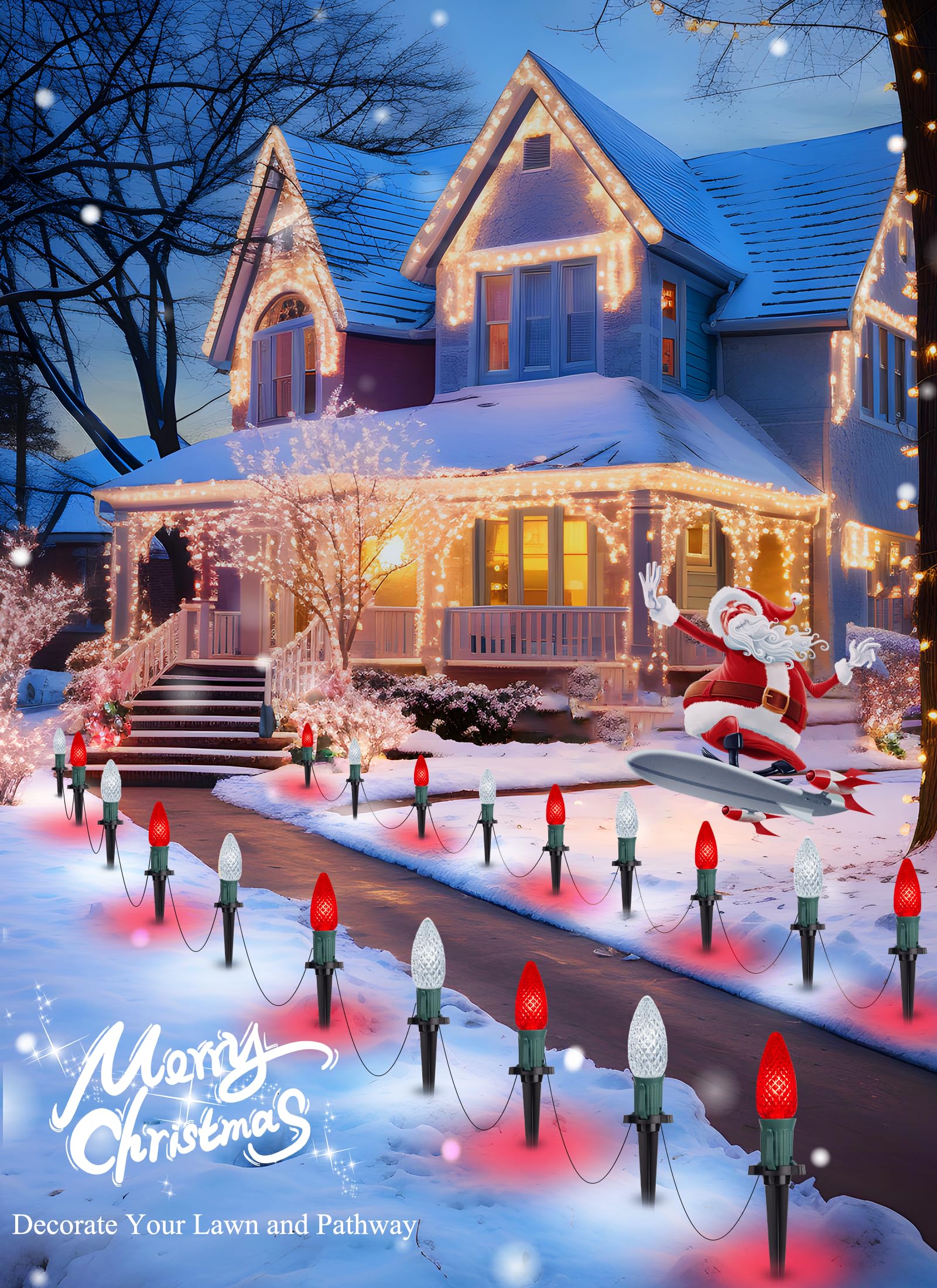 C9 Led Christmas Lights Outdoor With Stakes, 25.7 Feet 20 Led C9 Strawberry String Lights, Connectable Shatterproof Pathway Ligh