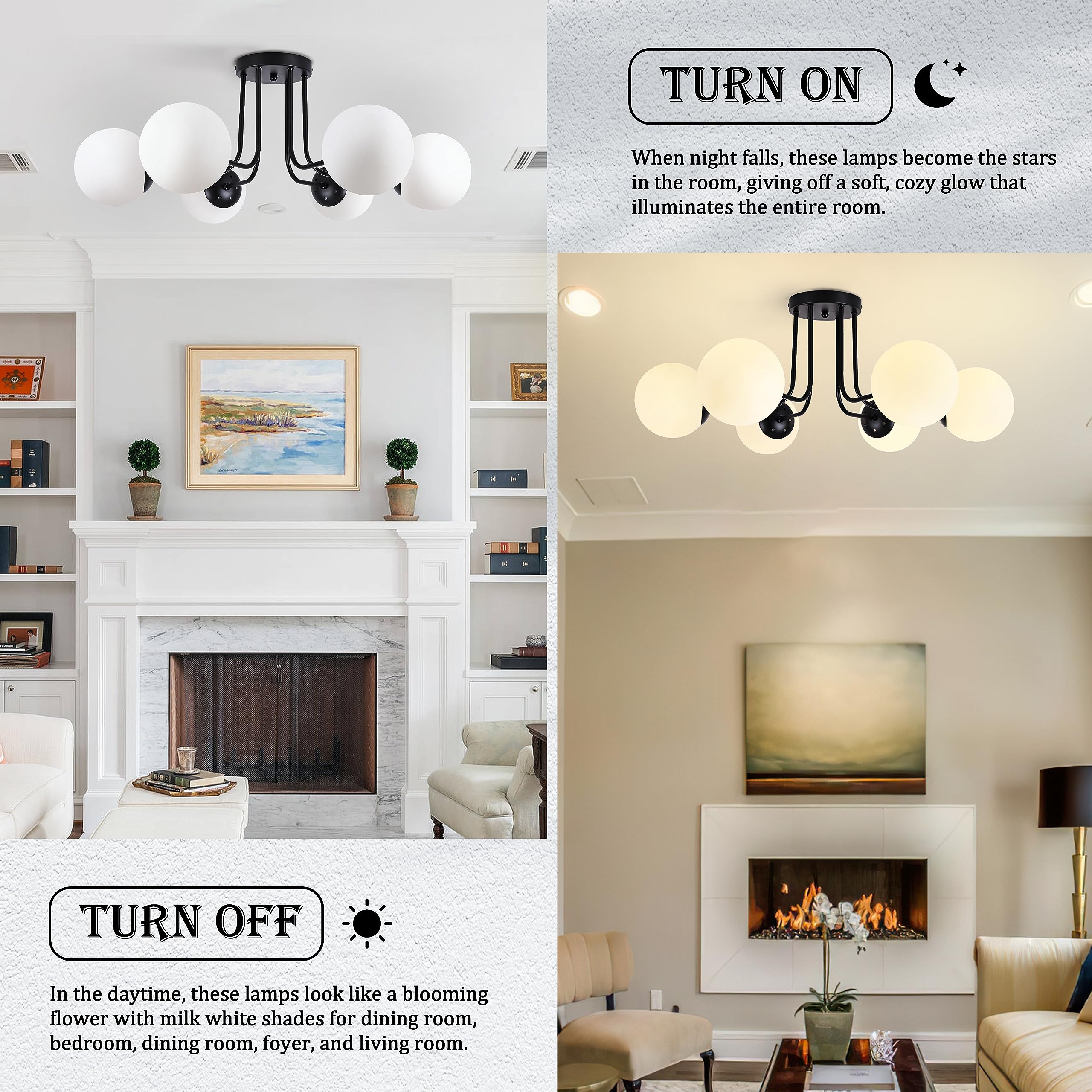 Koko&Yukina 6-Light Modern Semi Flush Mount Ceiling Light Fixture Mid Century Ceiling Light Globe Ceiling Light With Milk Glass