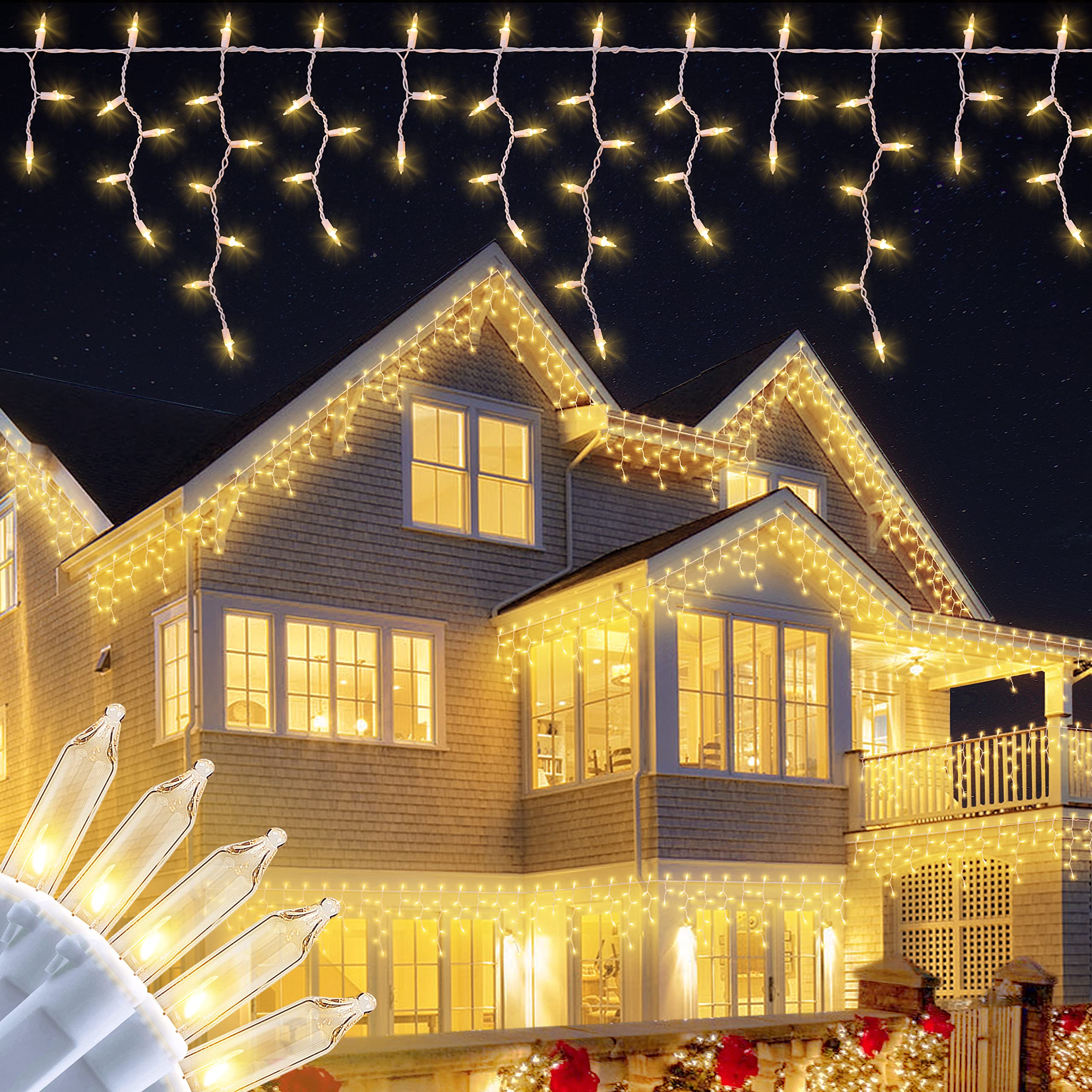 BEEWIN 200 Christmas Icicle Lights, Warm White, 23FT White Wire, Model QX-50-4-C, Indoor/Outdoor Decor