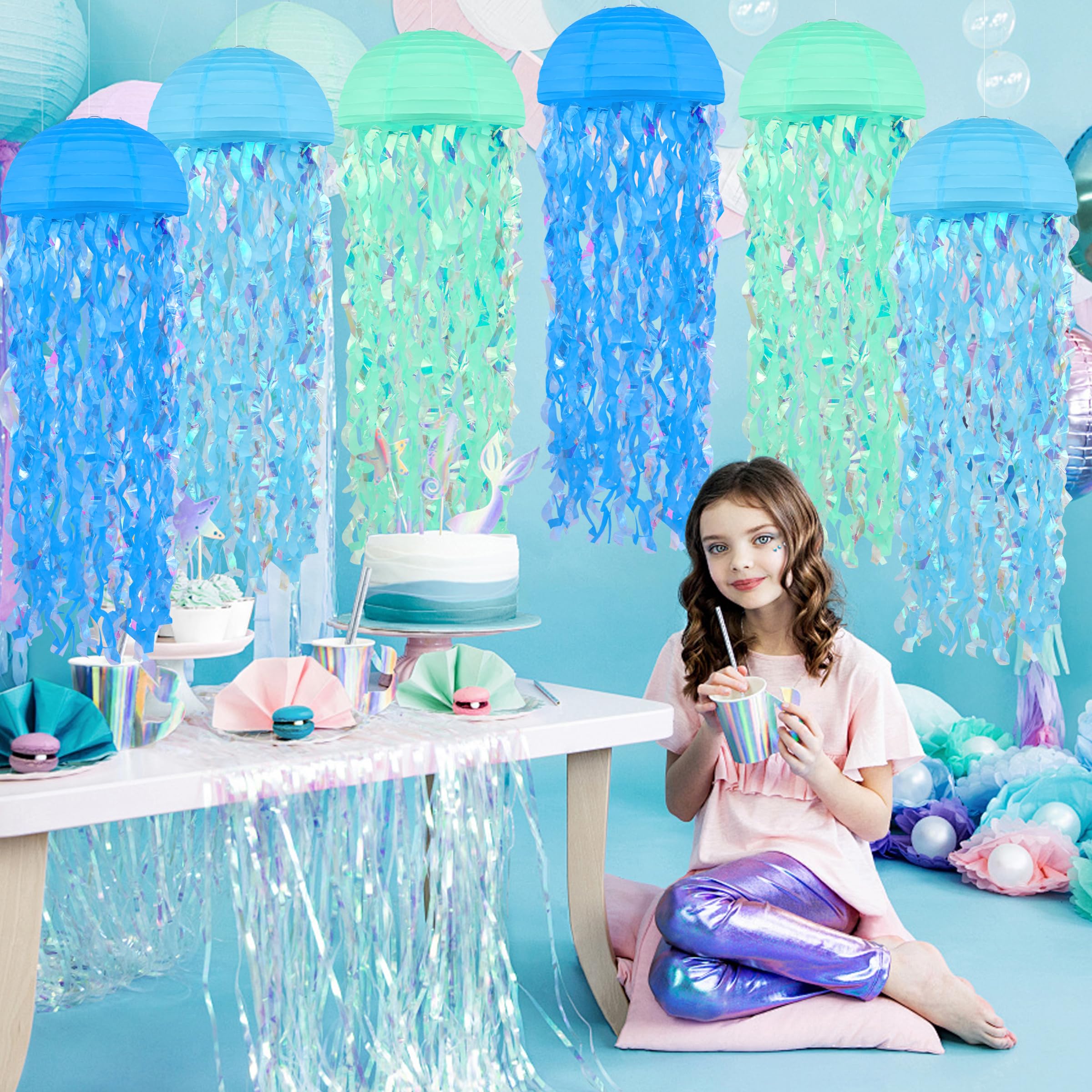 Bisanzoya 8 pcs Jellyfish Paper Lanterns, Multicolor Blue, Hanging Decorations for Ocean Birthday Party, Baby Shower, Classroom