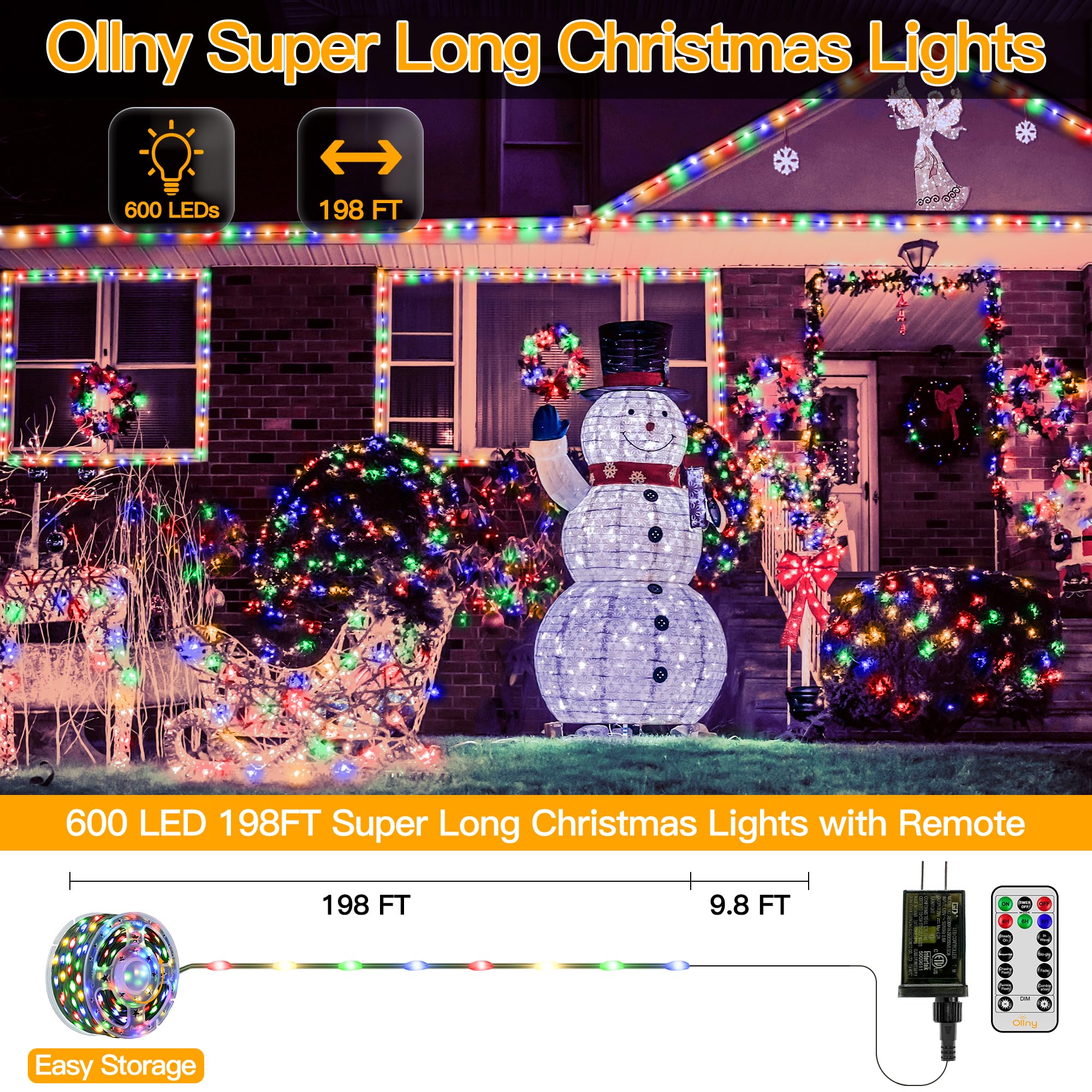 Ollny 198 FT 600 LED Multicolor Waterproof Christmas Lights with Remote Timer, 8 Modes for Indoor/Outdoor Xmas Decorations