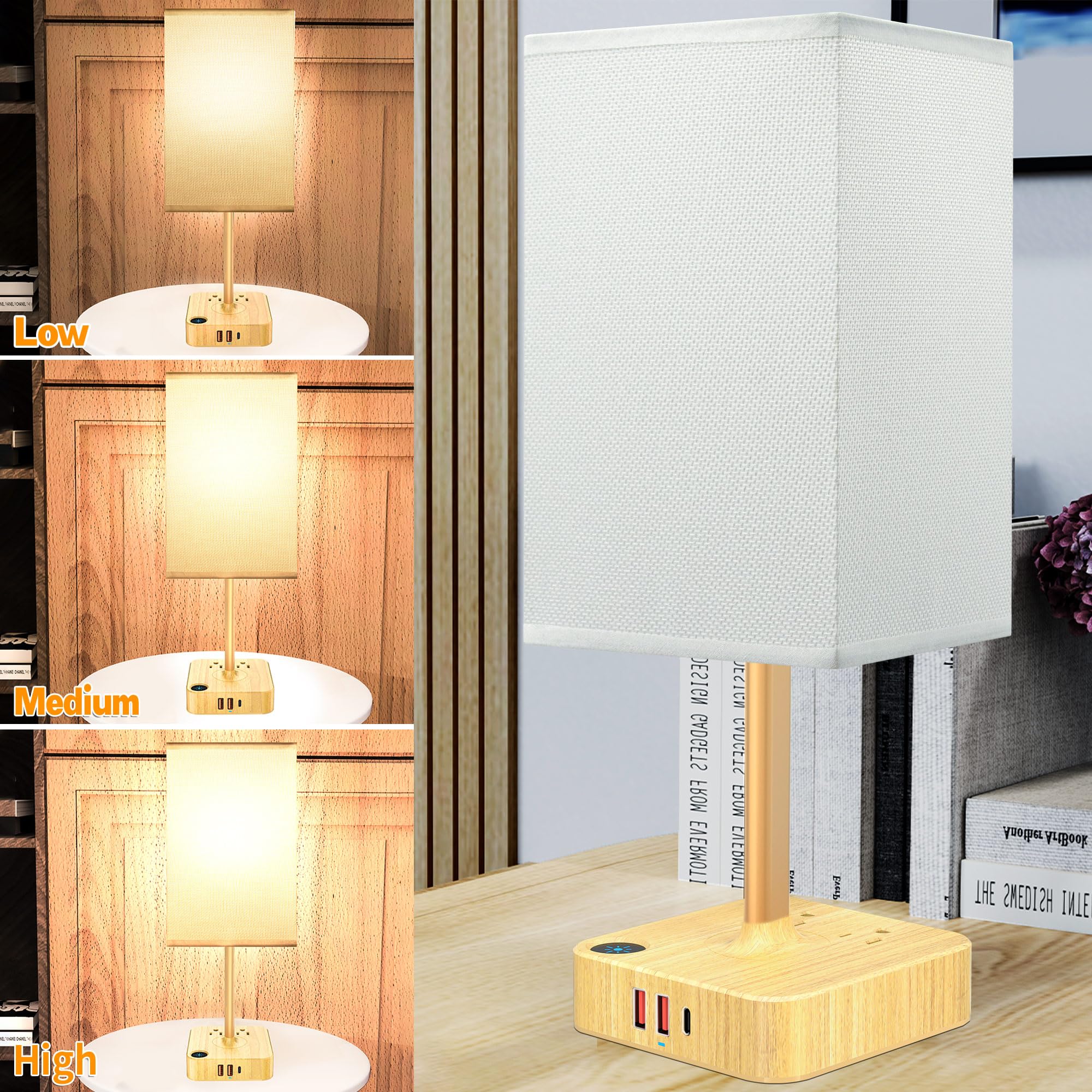 Cozoo Usb Bedside Table Desk Lamp With 3 Usb Charging Ports And 2 Ac Outlets,Dimmable Nightstand Lamp With Charger Base White Fa