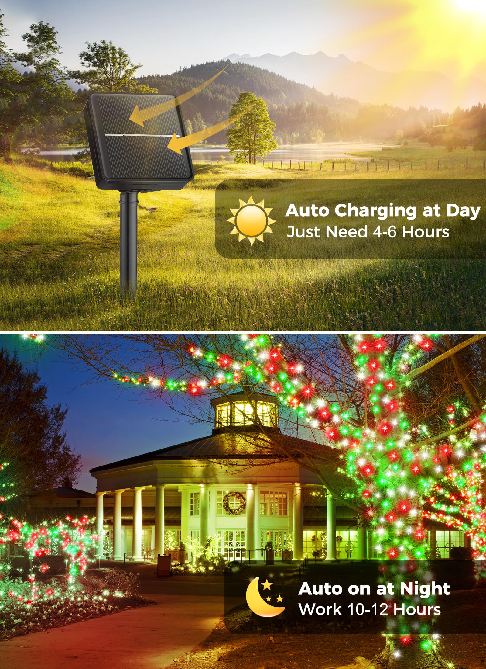 Minetom Solar Christmas Lights Outdoor Waterproof, 2 Pack Total 80Ft 200 Led Solar Lights With 8 Modes, Solar Christmas Outdoor Decoration, Solar String Lights For Outside House Tree,Red Green & White