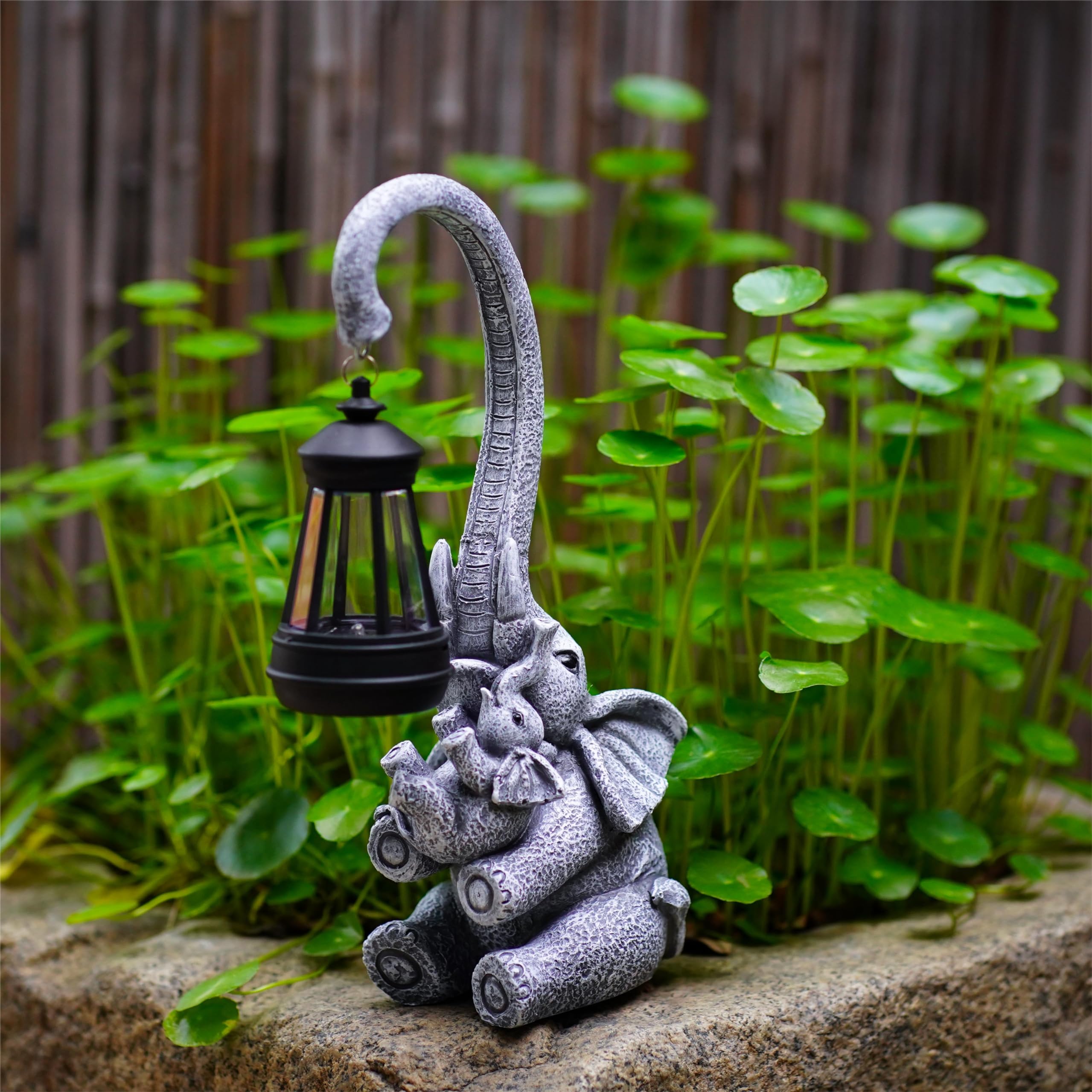Pohabery Elephant Outdoor Statues With Cute Baby Garden Decor, Resin Elephant Figurines With Solar Lantern Outdoor Decoration Gi