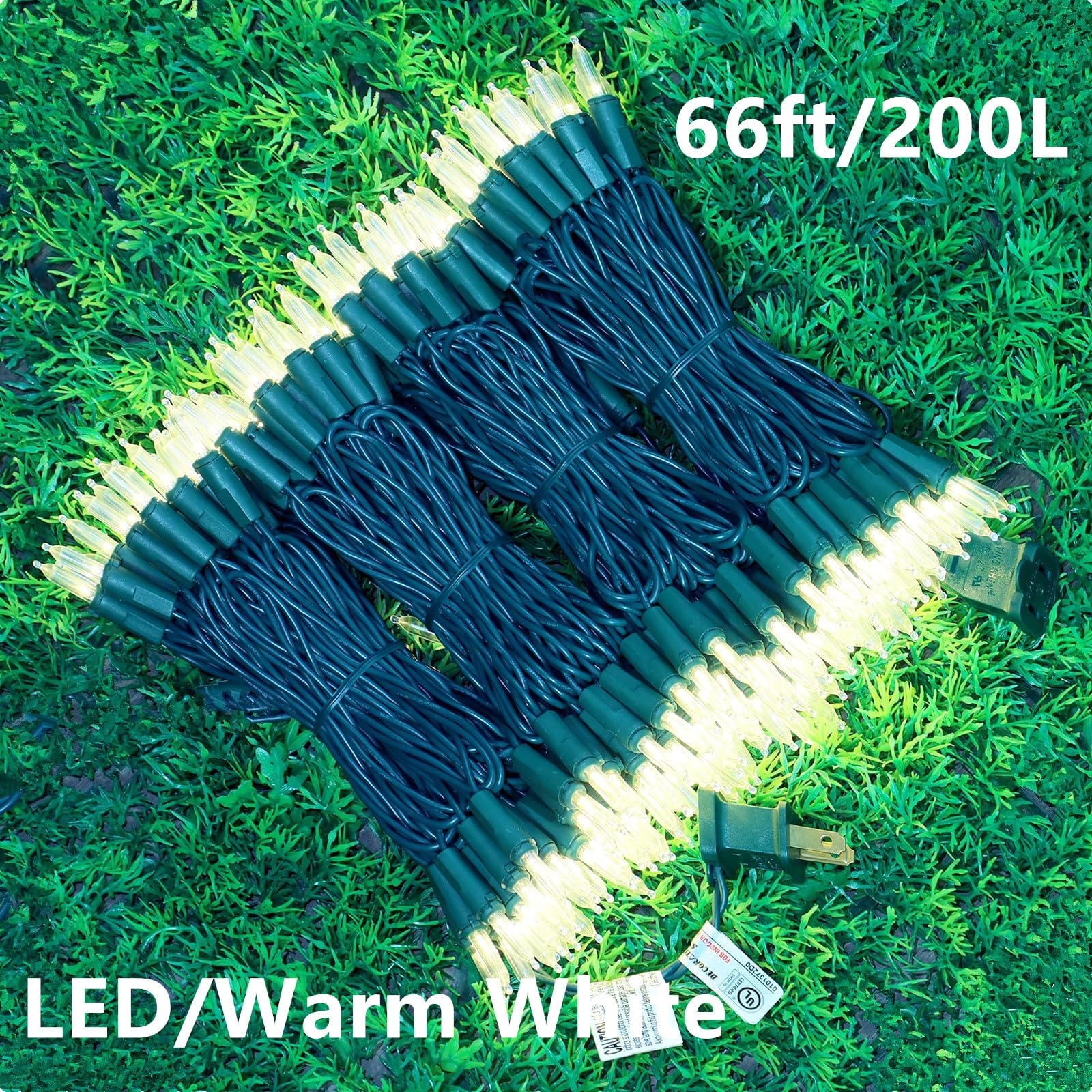 JinBest 200 LED Warm White String Lights, 66ft Green Wire, UL Certified, Indoor/Outdoor Use, Model L2004FB3-WW