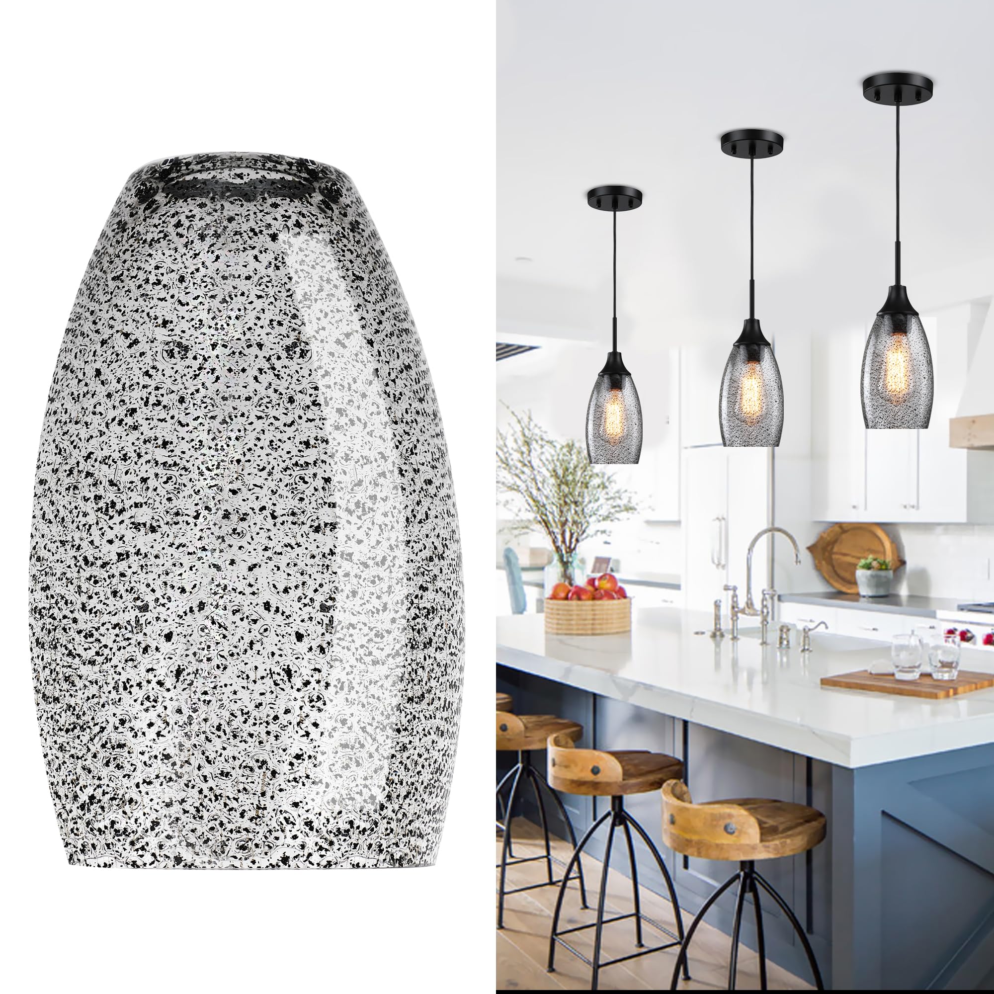 Viinew Black Seeded Oval Glass Lamp Shade Only Art Glass Shades for Kitchen Island pendant Glass Lights Covers Light Fixture Rep