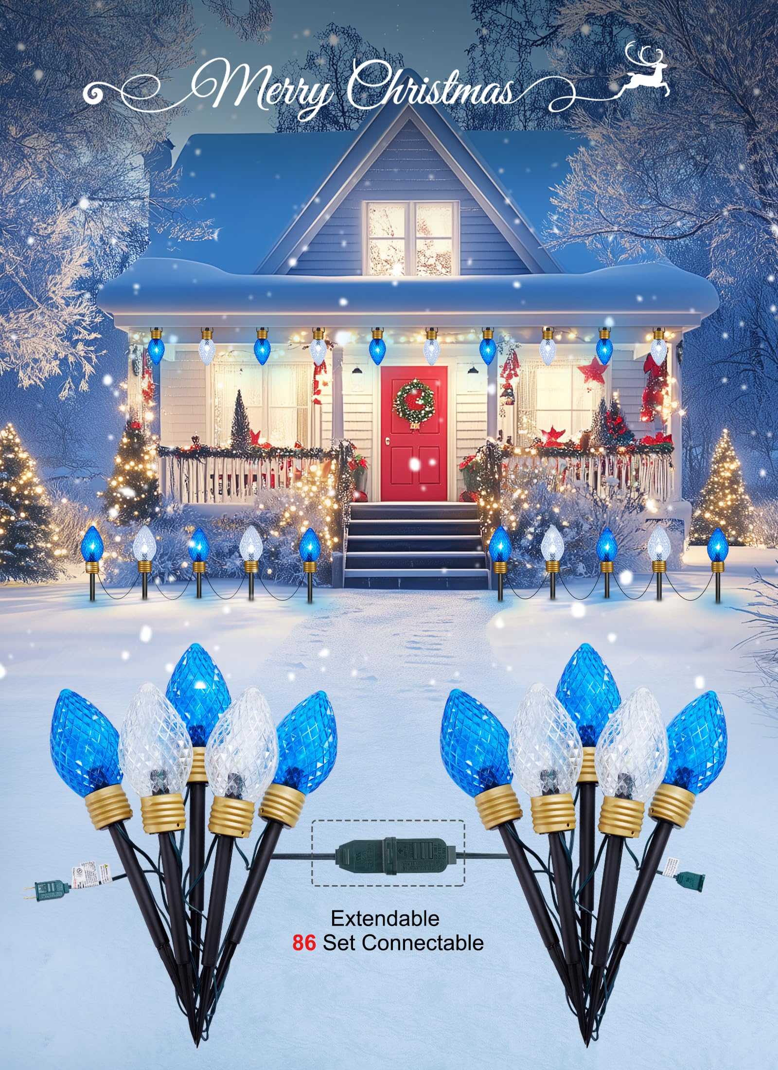 Moonflor Strawberry Jumbo C9 Christmas Pathway Lights Outdoor - 2Pack Total 17Ft 10 Led C9 Walkway Light, Christmas Decoration Outside,Christmas Lights Outdoor For Lawn Yard Holiday, Blue & Pure White