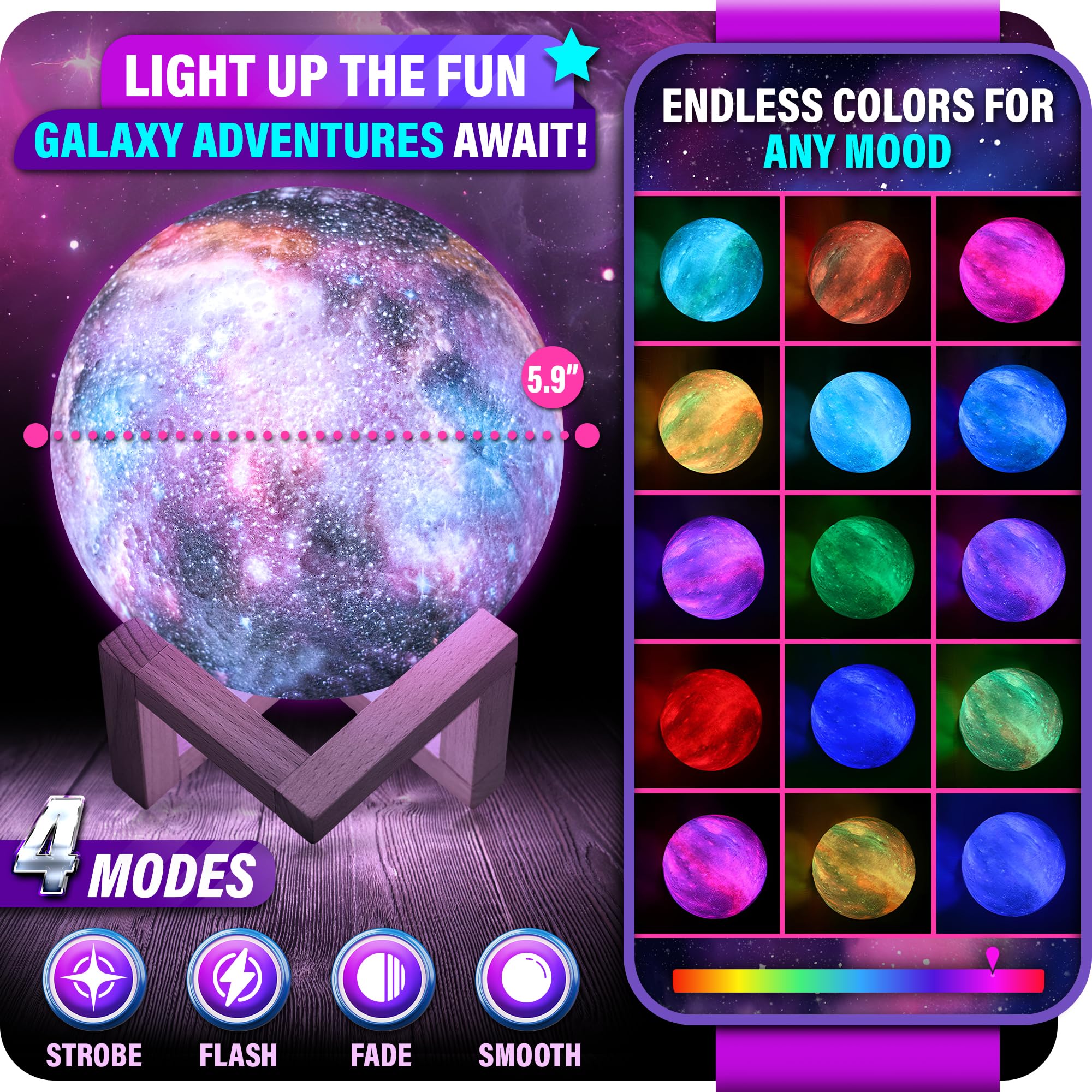 Mind-Glowing Galaxy Moon Lamp with Multi Colors, Touch/Remote, Wood Stand - Teen Girl Room Decor, Trendy Stuff - Birthday Gift f