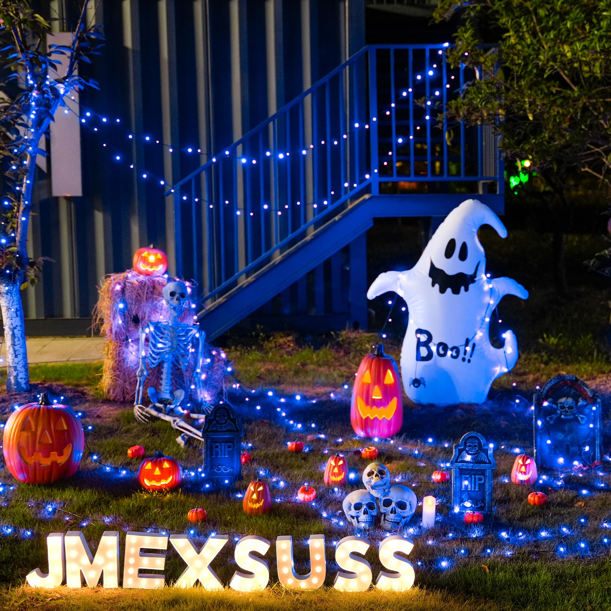 JMEXSUSS Solar String Lights 100 LED 33ft Blue Outdoor Lights, 8 Modes, Copper