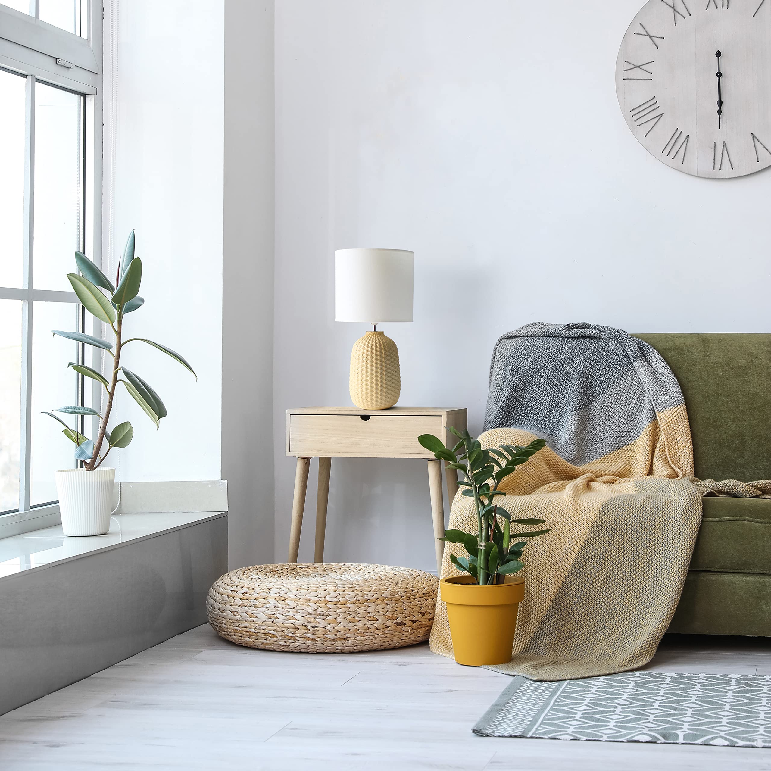 Simple Designs LT1135-YLW Ceramic Bedside Table Desk Lamp 20.4in Tall Yellow with White Fabric Drum Shade