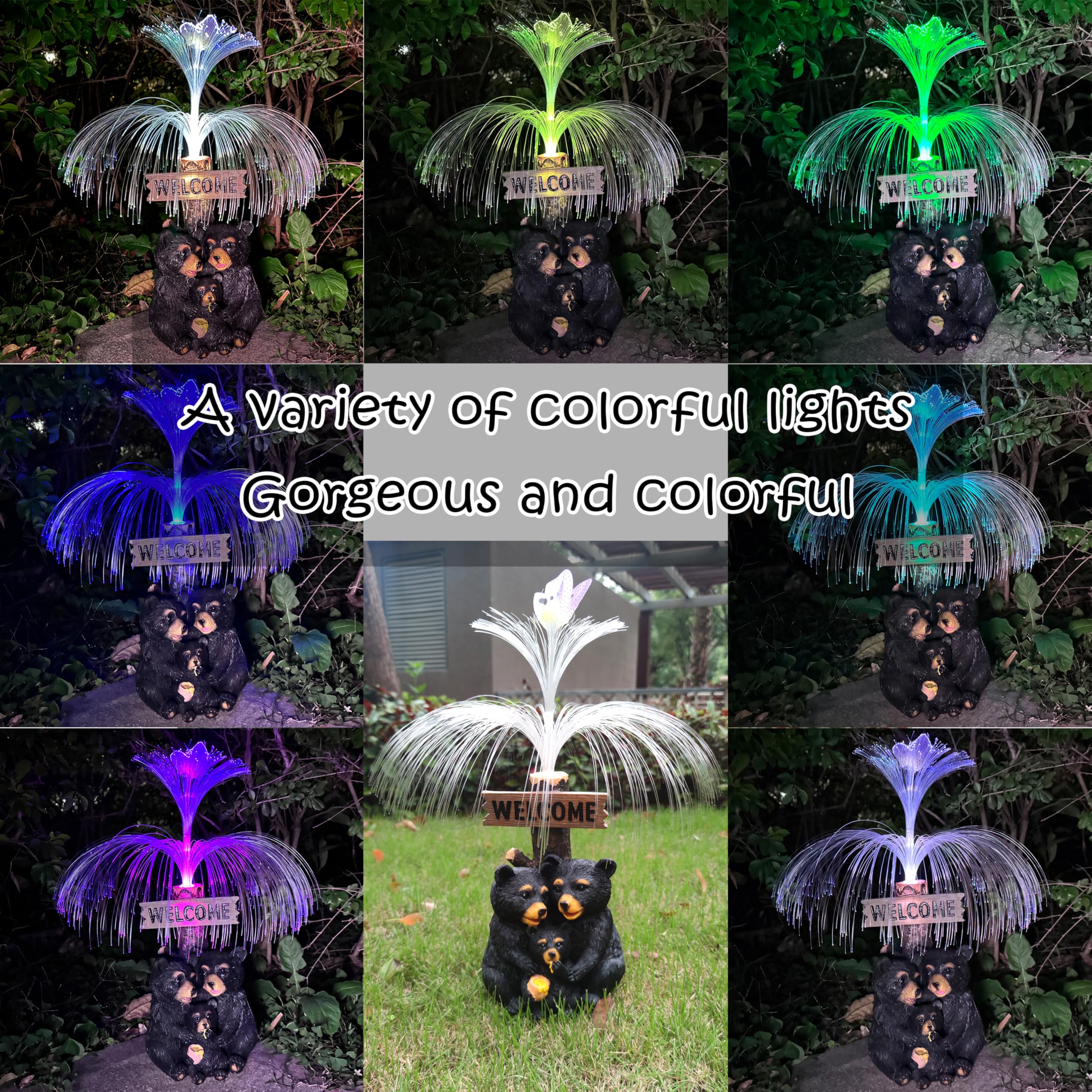 Rctticuu Solar Bear Garden Statues,Resin Black Bear Family Figurine With Welcome Card And 7-Color Changing Optical Fiber With So
