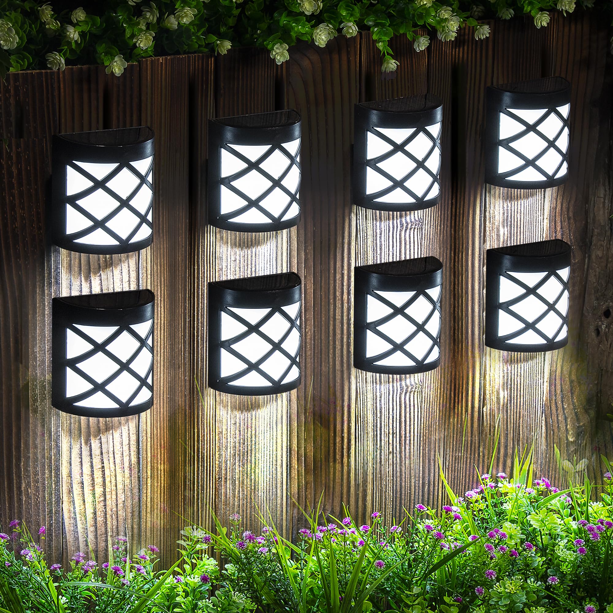 GIGALUMI Solar Fence Lights, Waterproof 8 Pack, Cold White, Plastic, Outdoor Decorative for Deck, Patio, Stairs, Yard, Path, Driveway