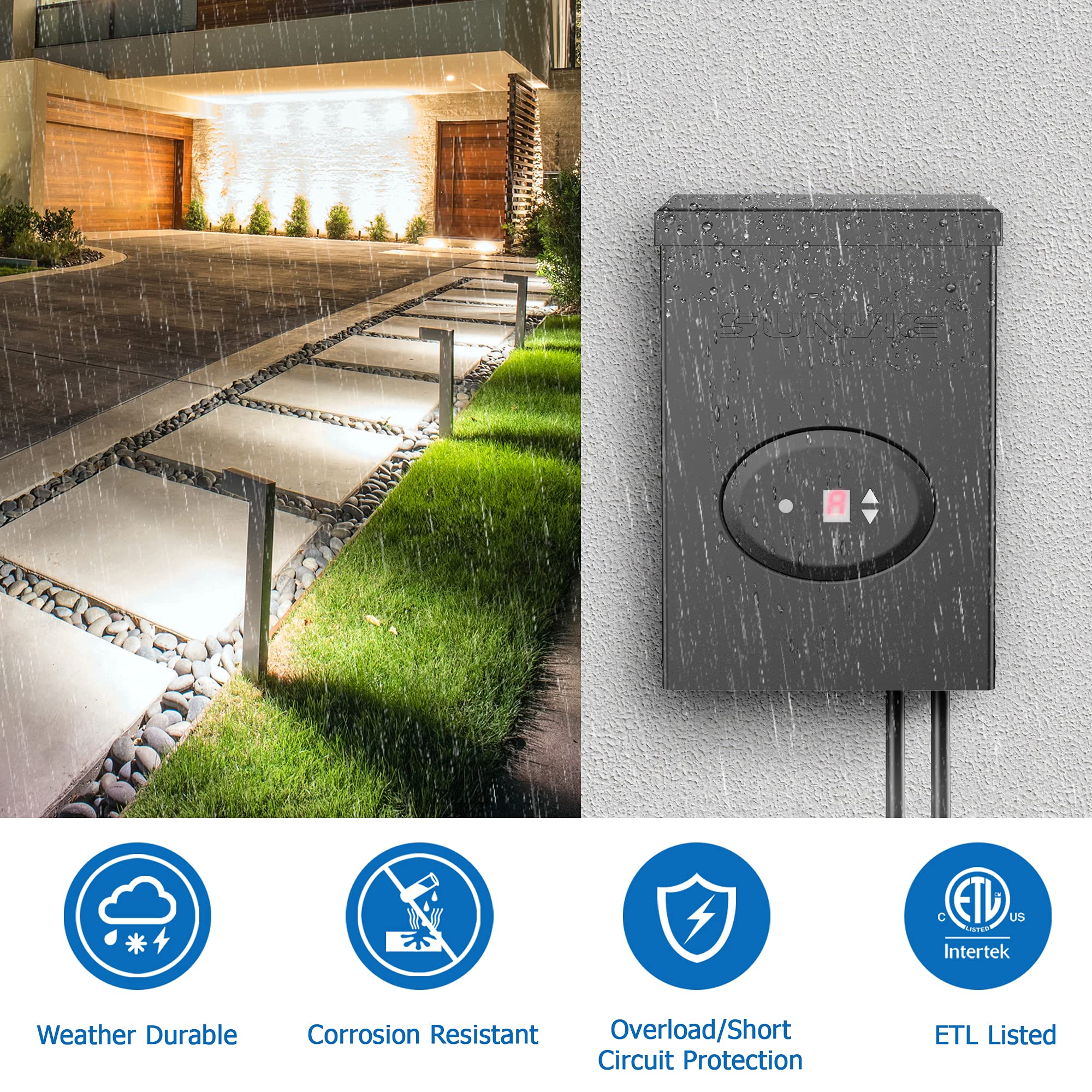 Sunvie 200W Low Voltage Landscape Lighting Transformer With Timer And Photocell Sensor Waterproof Low Voltage Transformer For Led Landscape Lights Path Lights Outdoor Spotlight 120V To 12V, Etl Listed