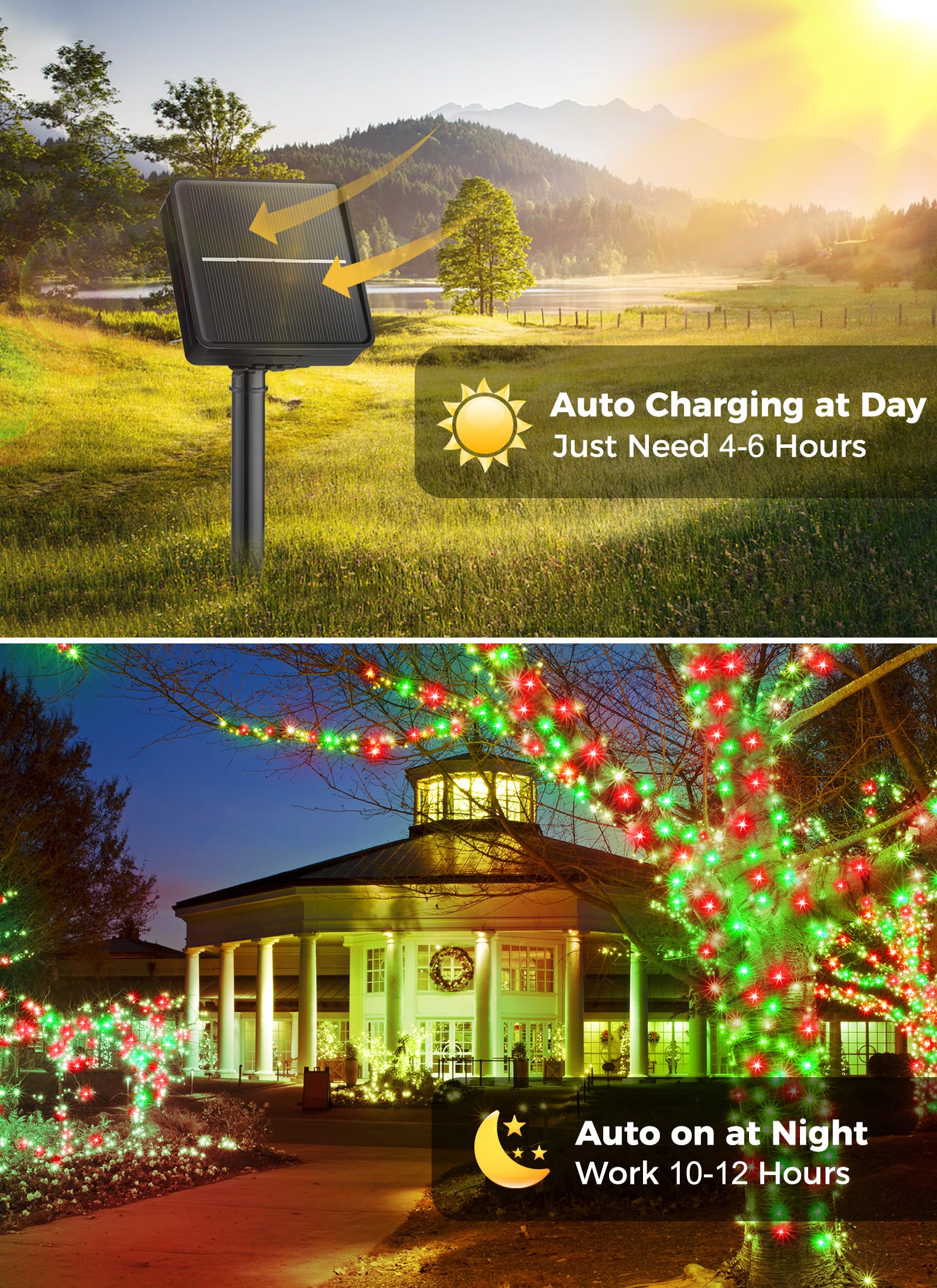 Minetom Solar Christmas Lights Outdoor Waterproof, 2 Pack Total 80Ft 200 Led Solar Lights With 8 Modes, Solar Christmas Outdoor Decoration, Solar String Lights For Outside House Tree, Red & Green