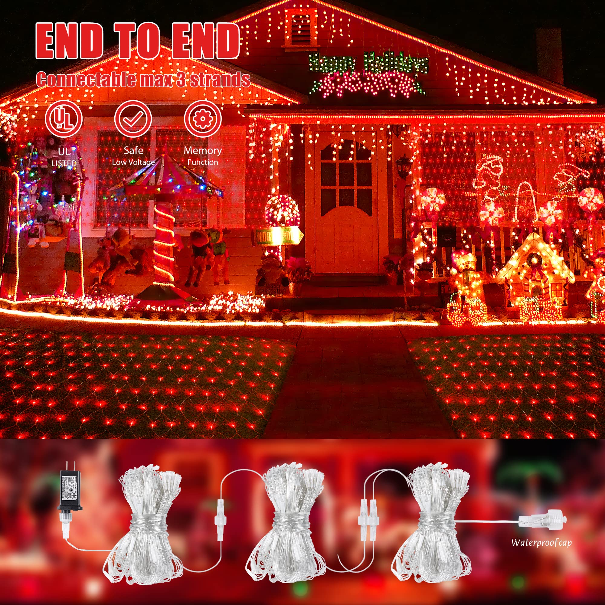 Heyfuni Net Mesh String Lights, 360Led Red Light Bulbs, 8 Lighting Modes, For Indoor Outdoor, Curtain, Christmas Tree, Bush, Party, Wedding, Fairy, Wall Decor (13 Ft X 5 Ft,Red)