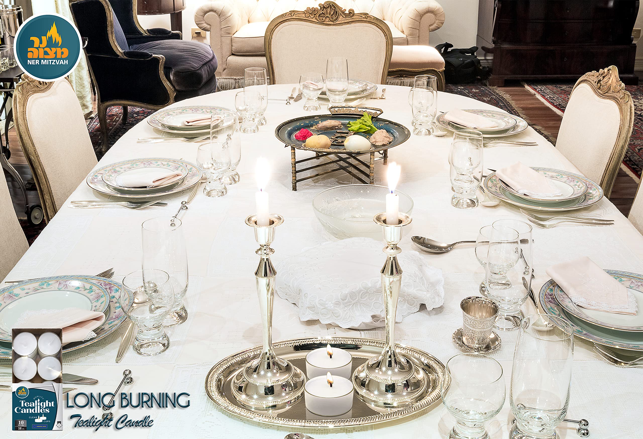Ner Mitzvah Tea Light Candles - 16 Pack - White Unscented Tealight Candles - Long Burning - 10 Hours