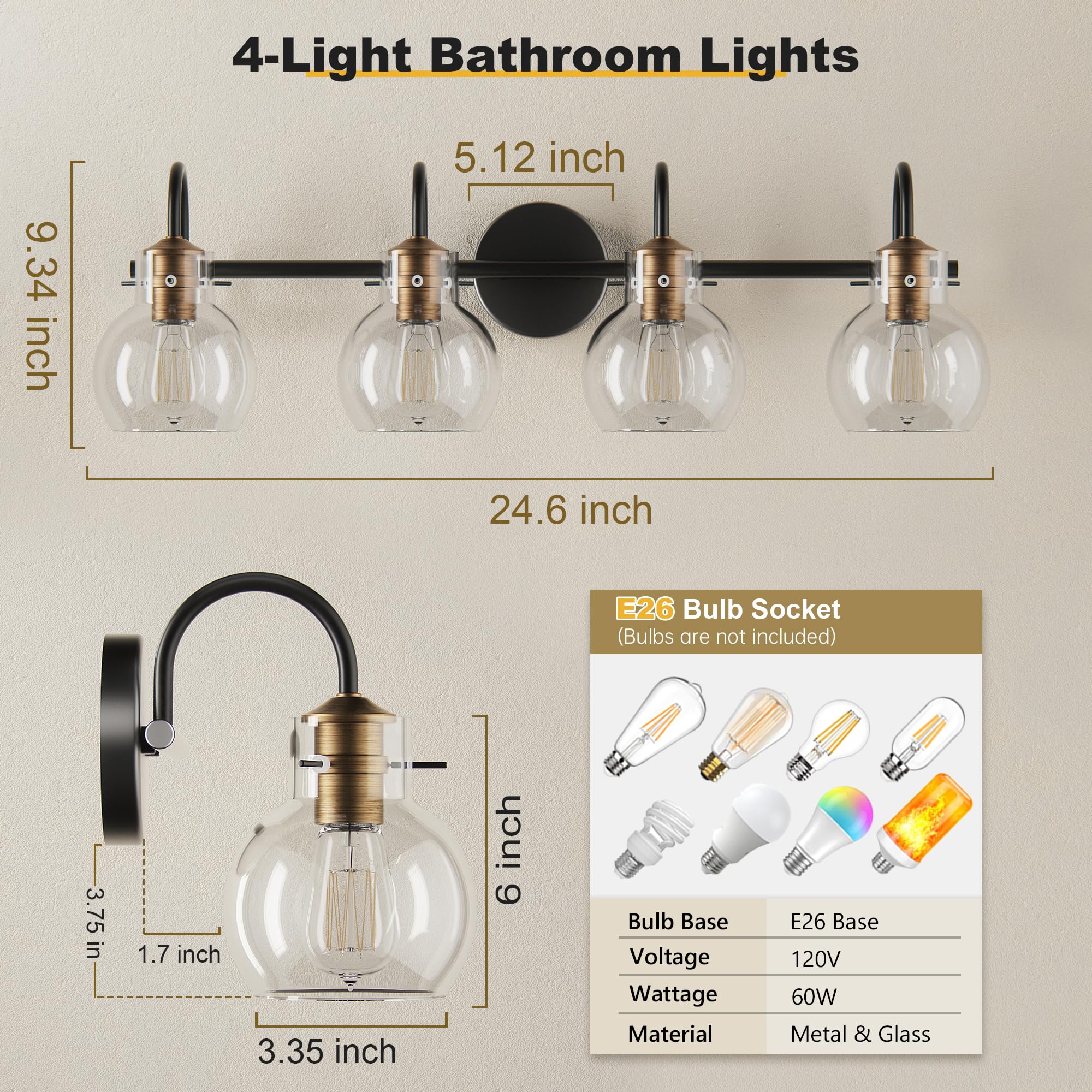 Primeplus 4 Light Bathroom Light Light, Black And Red Copper Bathroom Vanity Fixtures Over Mirror, Modern Copper Vanity Light With Clear Glass Shade, Black Wall Sconce For Bathroom, Bedroom