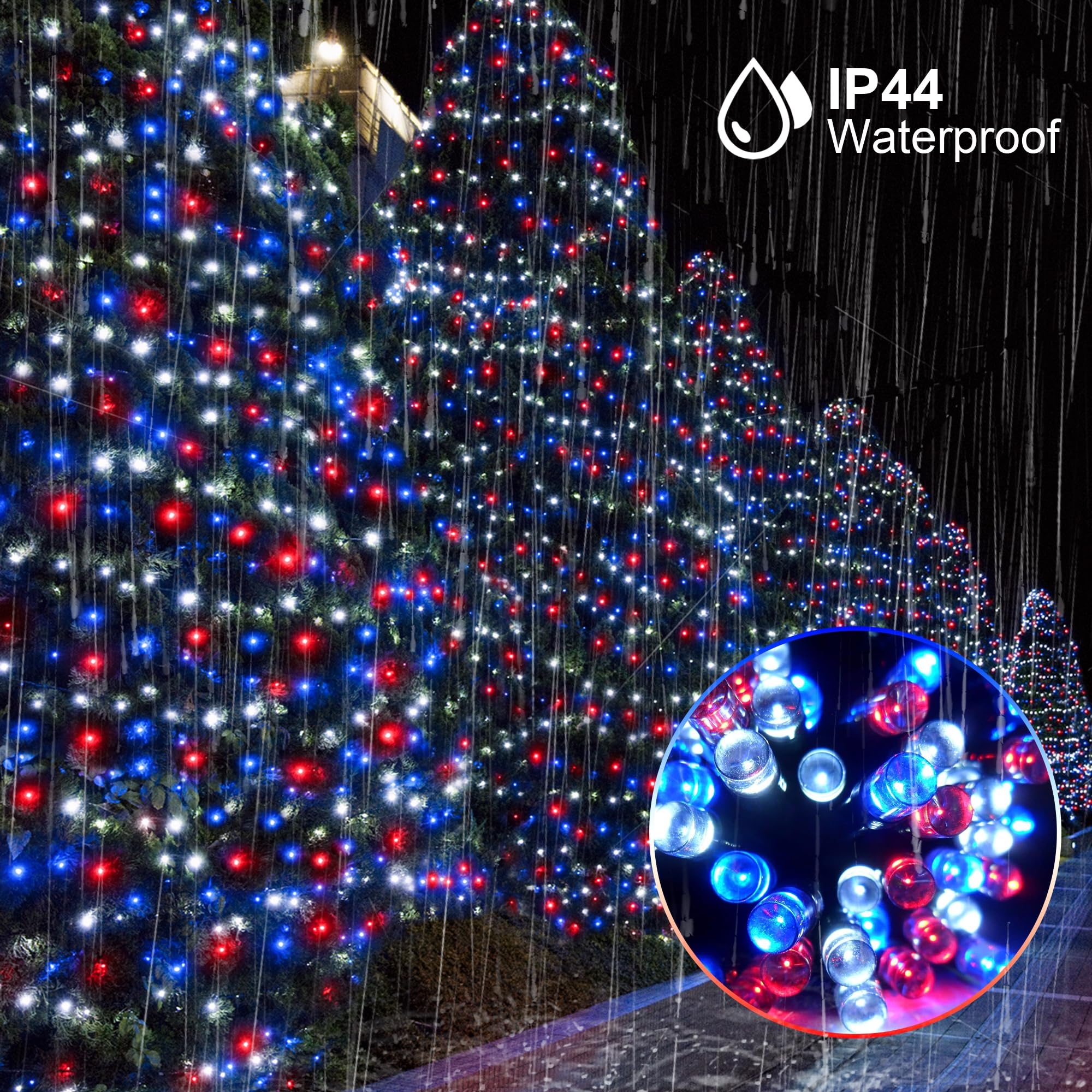 kemooie 500 LED Outdoor String Lights - Red, White & Blue - 8 Modes, Waterproof - 4th of July & Memorial Day Decor