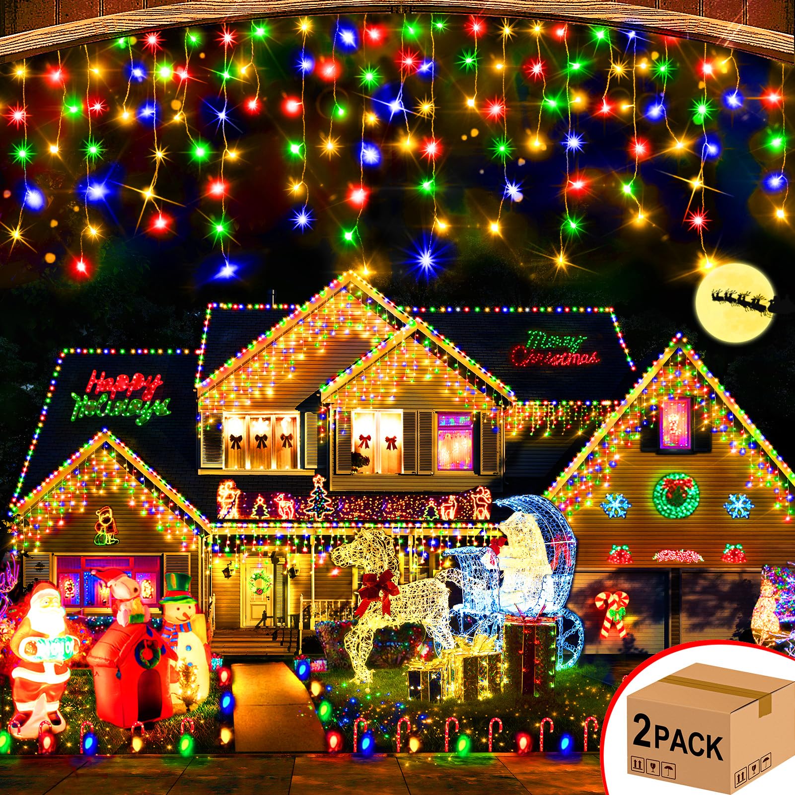 Hezbjiti 800LED Icicle Lights, 32.8FT String Lights, 8 Modes, Multicolor, 2 Pack, Model HB01-MNO1005-JDY