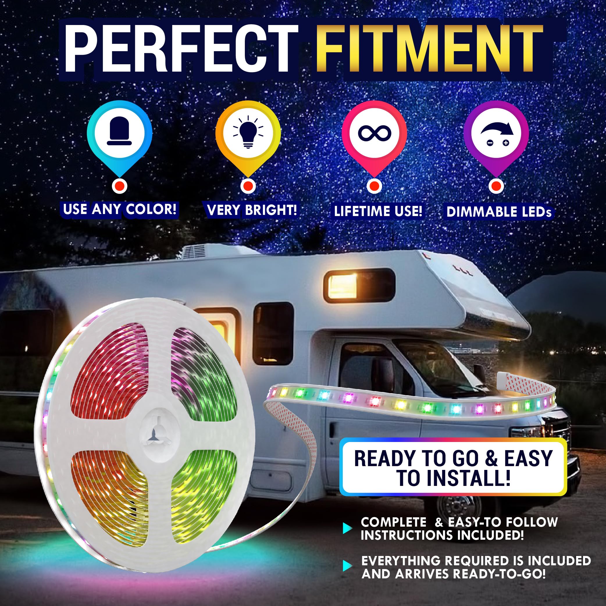 LATCH.IT 12V RV Awning LED Light Strip, 20-Foot V2.1, Multicolor, IP68 Water-Resistant, DIY Kit