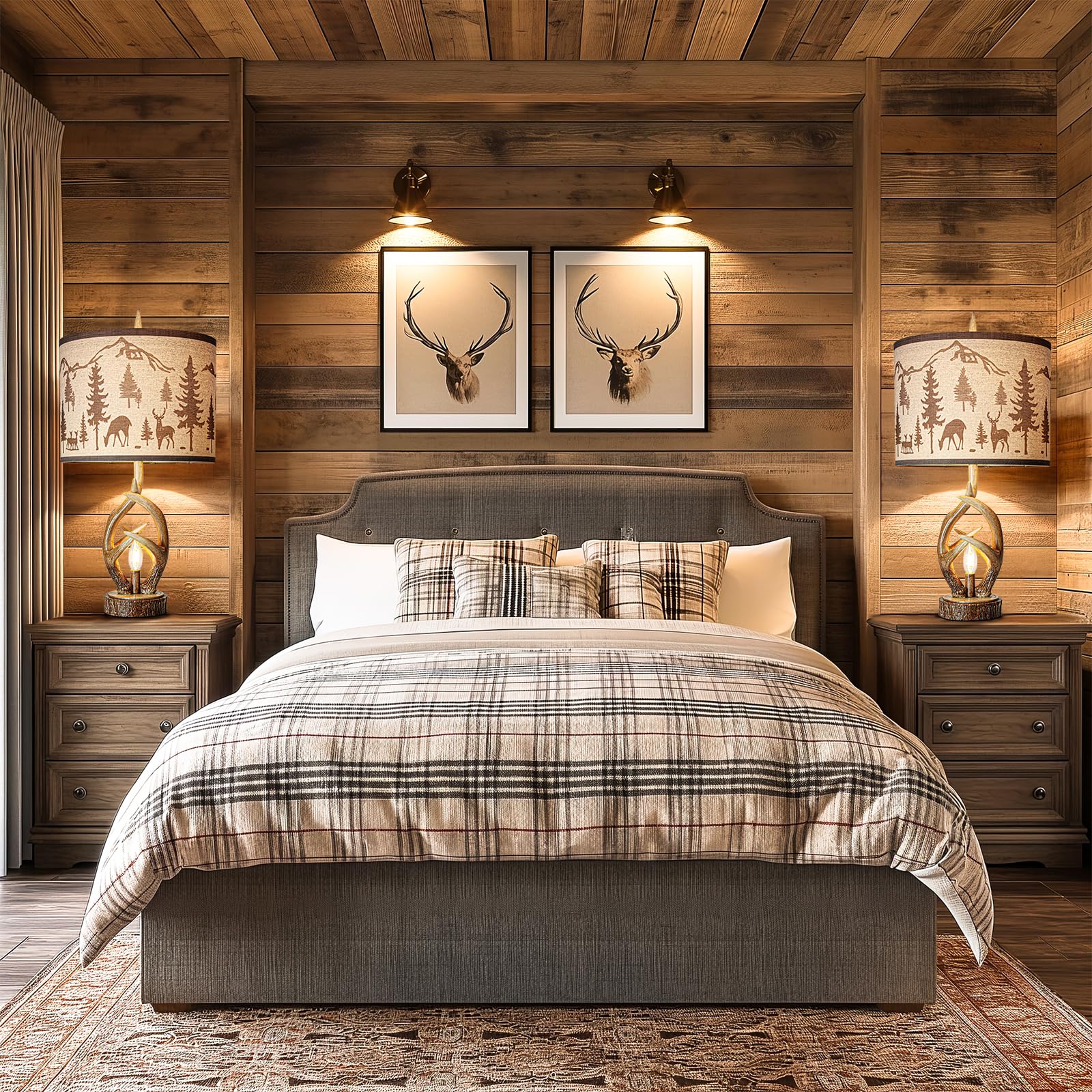 Scenekoy Antlers Style Table Lamp Set Of 2 Rustic Bedside Lamp With Night Light Linen Fabric Shade Farmhouse Nightstand Lamps Decor For Living Room Bedroom House Home Office (Bulb Included)