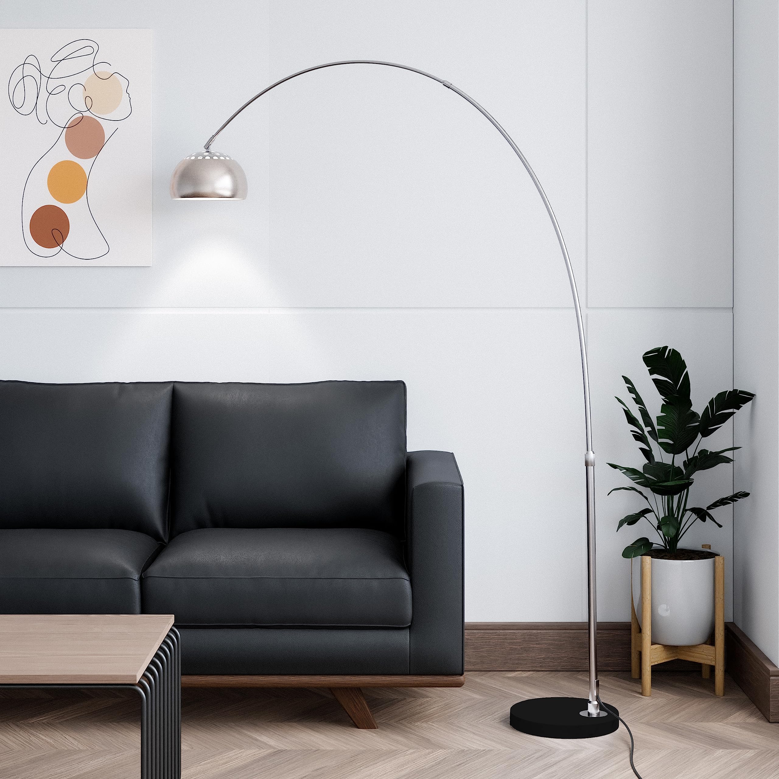 Leisuremod Arco Mid-Century Modern Arched Floor Lamp 75.6" Height With Black Round Marble Base And Metal Dome Lamp Shade For Living Room And Bedroom (Silver)