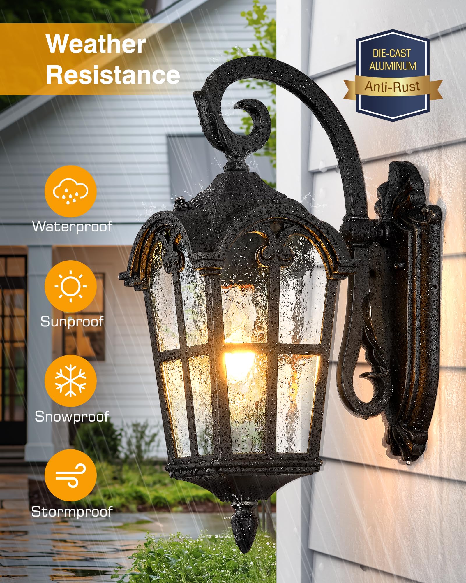 Vianis Black 2-Pack Outdoor Porch Lights  Dusk To Dawn Outdoor Lighting  Anti-Rust Waterproof Garage Light Wall Mount  Modern Patio Wall Sconce With Rippled Glass  Outside Lights For House  Entryway