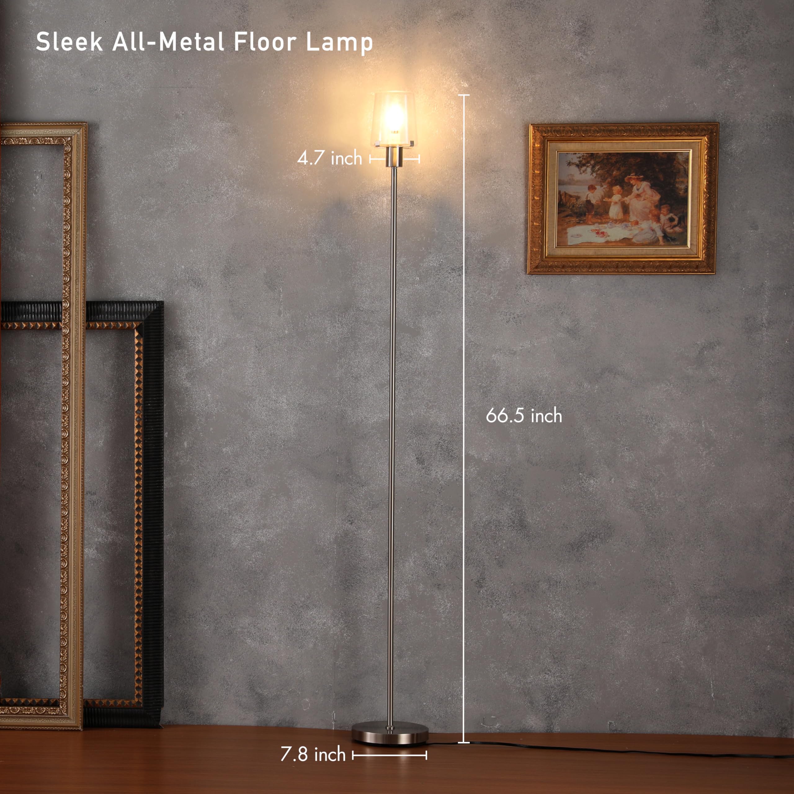 OBright Dimmable LED Floor Lamp, Touch-Control, 66.5-Inch, Brushed Nickel, Model OB-FL29G, Clear Glass Shade