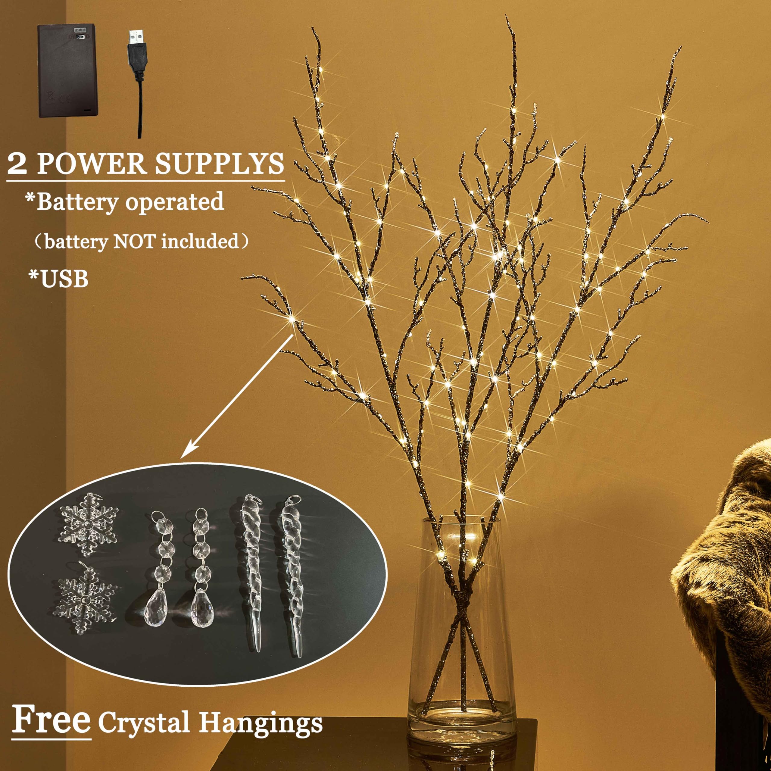 Litbloom Lighted Willow Branches Silver Glittered 32In 120 Led With Timer Battery Operated And Usb Plug In, Tree Branch With Warm White Lights For Holiday Christmas Decoration