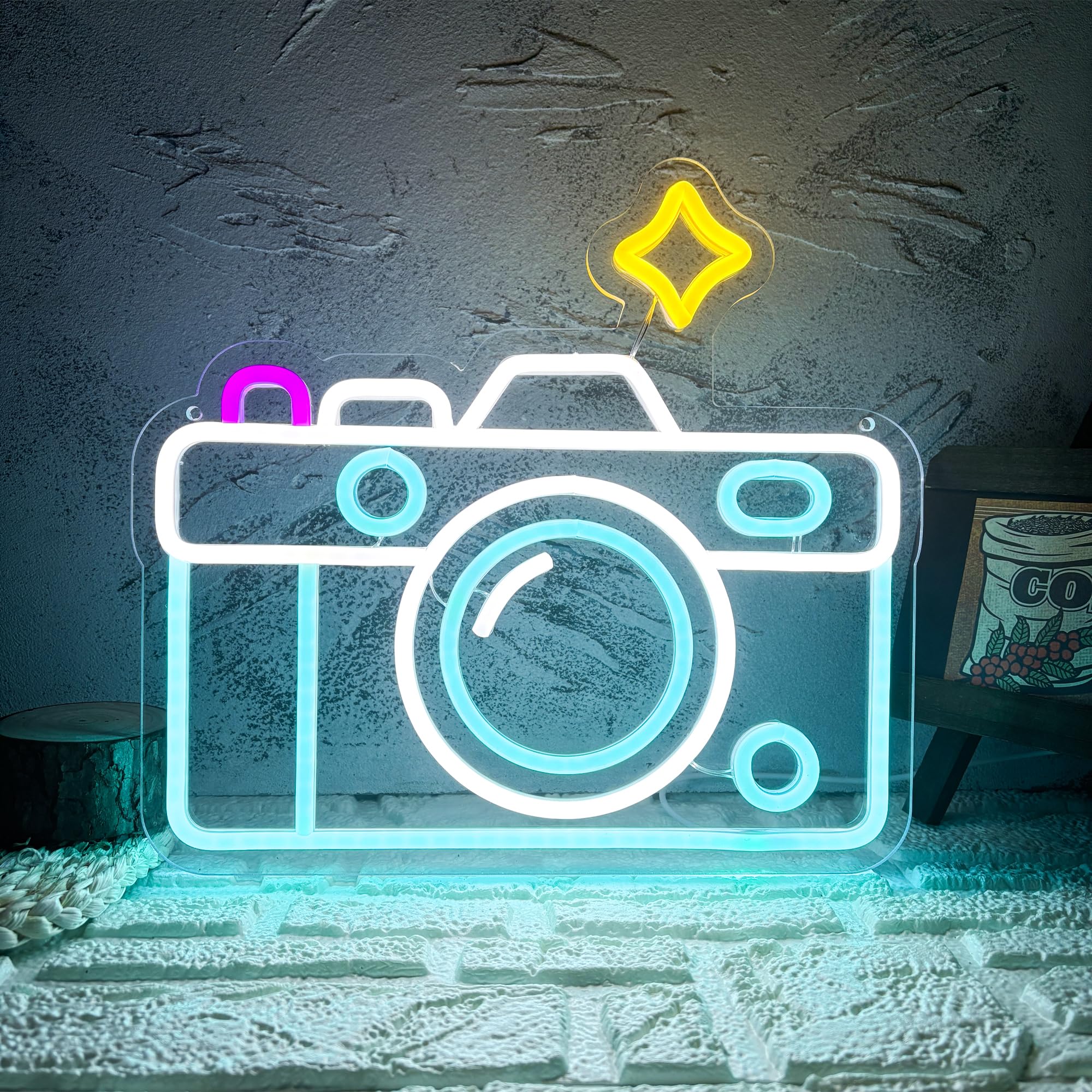 Camera Neon Sign Dimmable LED Light Up Wall Decor Multi-Color Retro Photography Studio Art Vintage Vlogger Background Accessory 