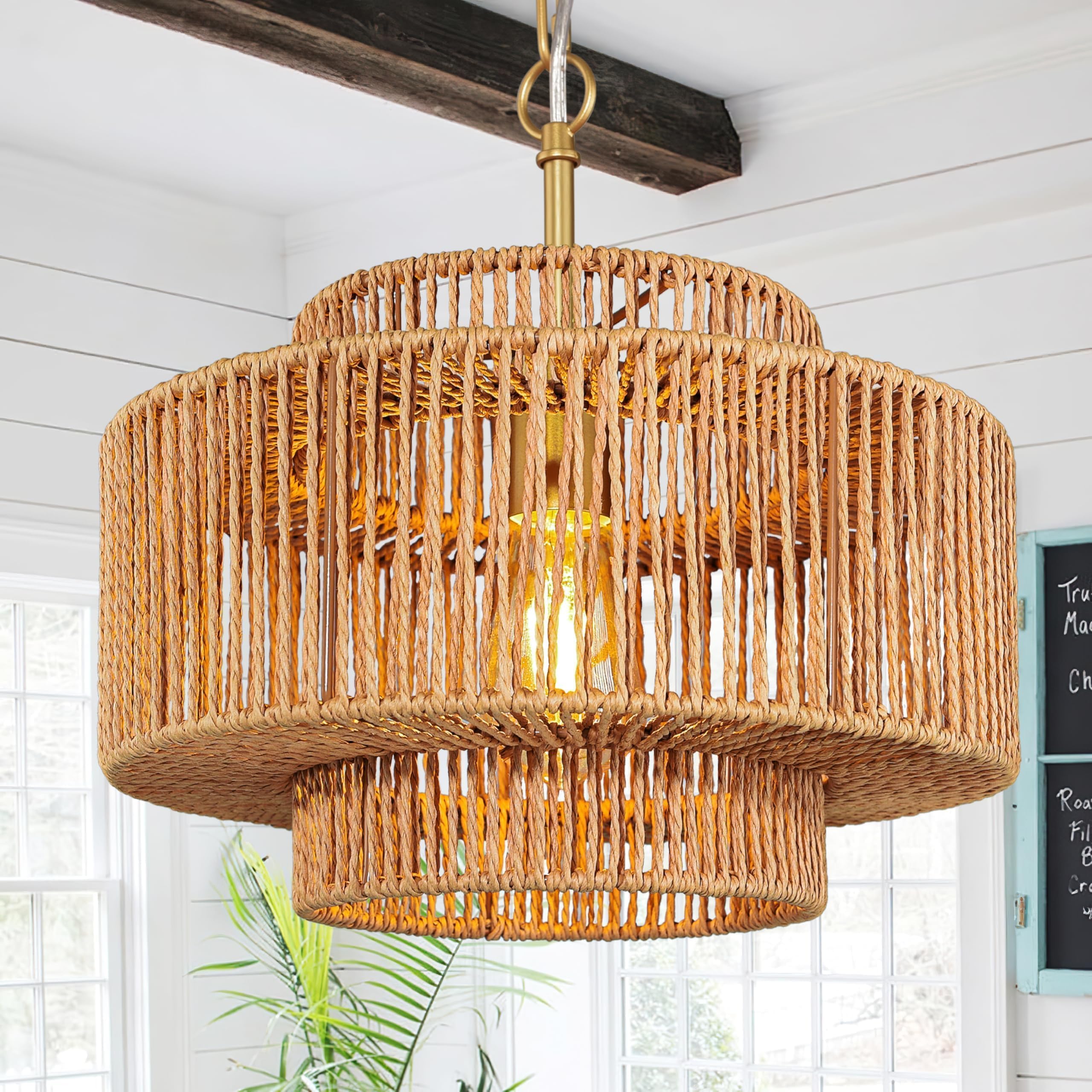 Bagood 12.5'' Rattan Chandelier 1-Light Woven Rattan Pendant Light Boho Wicker Pendant Lighting Fixture Farmhouse Chandelier Lig