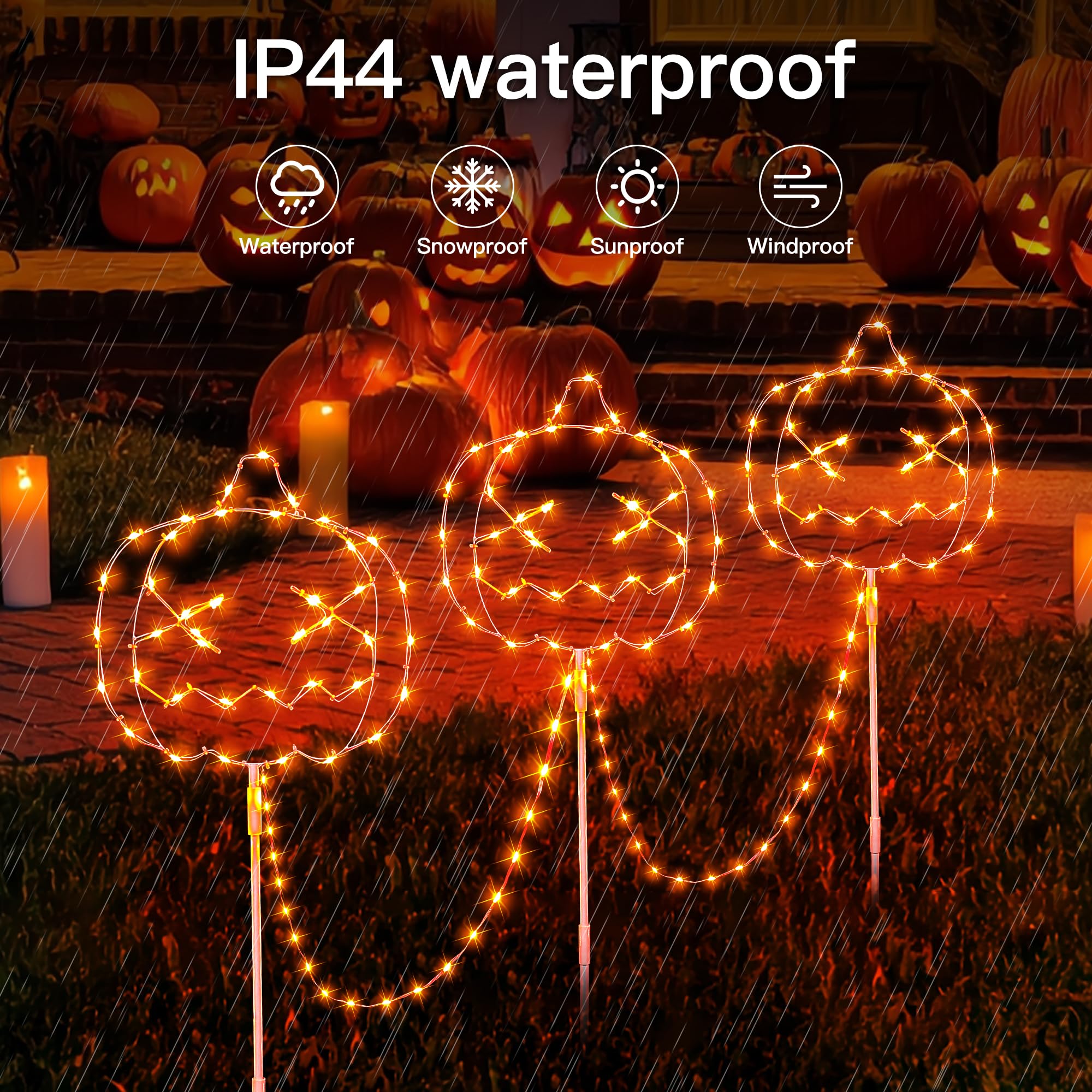 Hopolon Halloween Walkway Lights, 3-Pack Orange Pumpkin Stake Lights, IP44 Waterproof, 8 Modes, 163 LED Outdoor Decorations