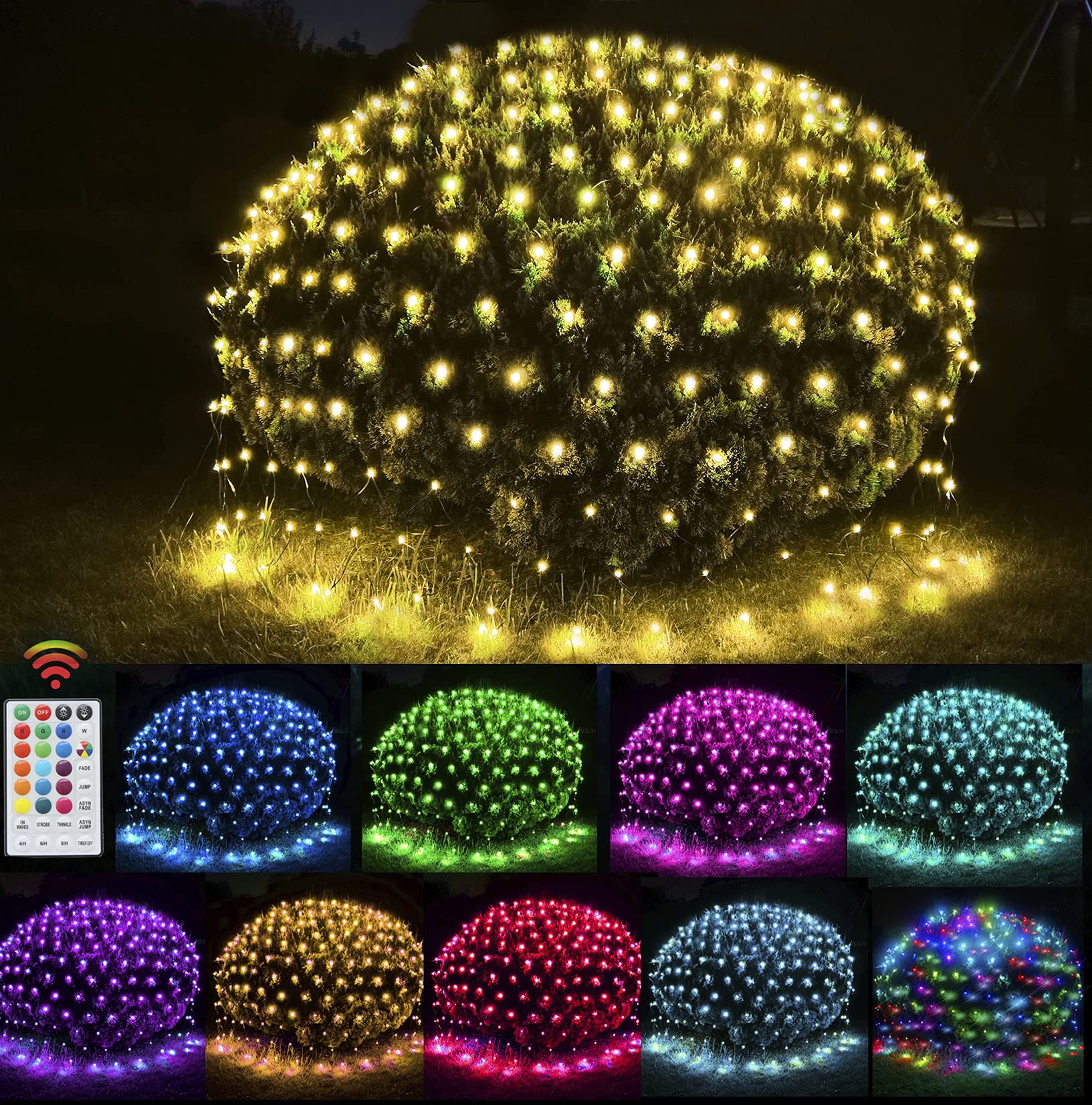 OYCBUZO LED Net Lights, Color Changing Waterproof Fairy Lights, 9.8ft x 6.6ft, Multicolor, Model LR-(1-1000) L-SL01