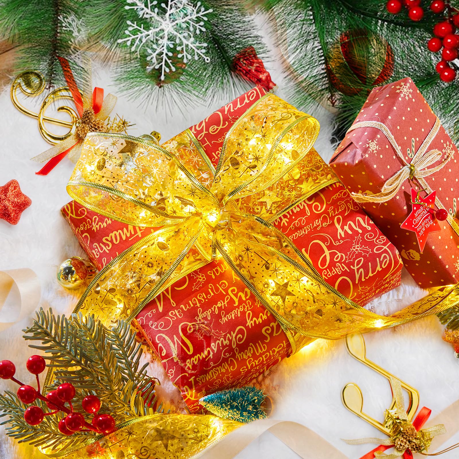 Minetom Christmas Tree Ribbon String Lights - 33Ft 100 Led Battery Powered Fairy Lights With Timer