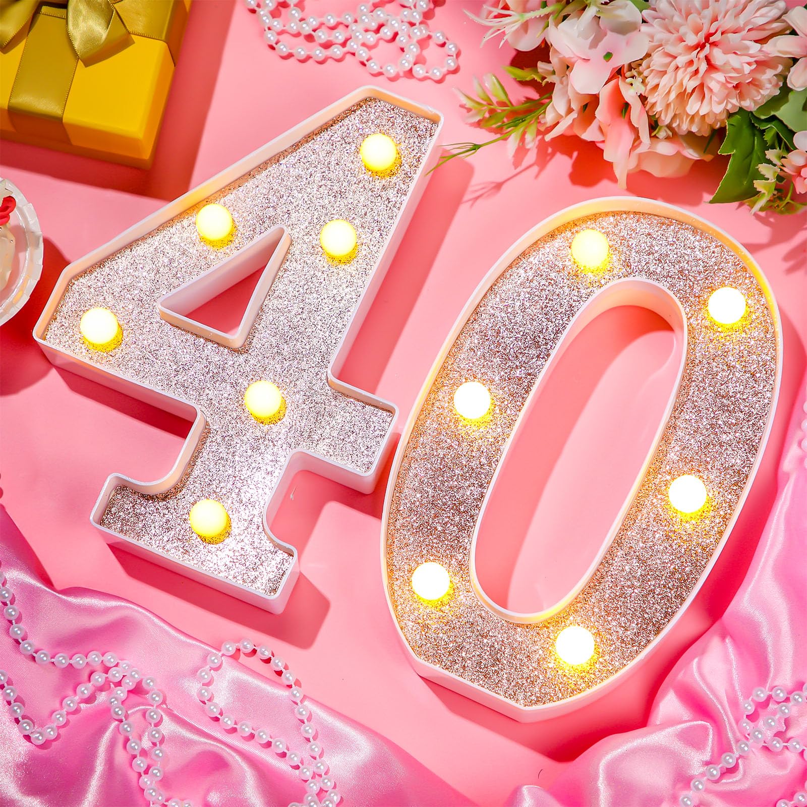 Treela 8.7 Birthday Decorative Led Light Up Numbers  Glitter Marquee Number Sign For Night Birthday Party Decorations Anniversary Bar Led Sign Backdrop Wall Table Centerpieces(40Th Rose Gold)