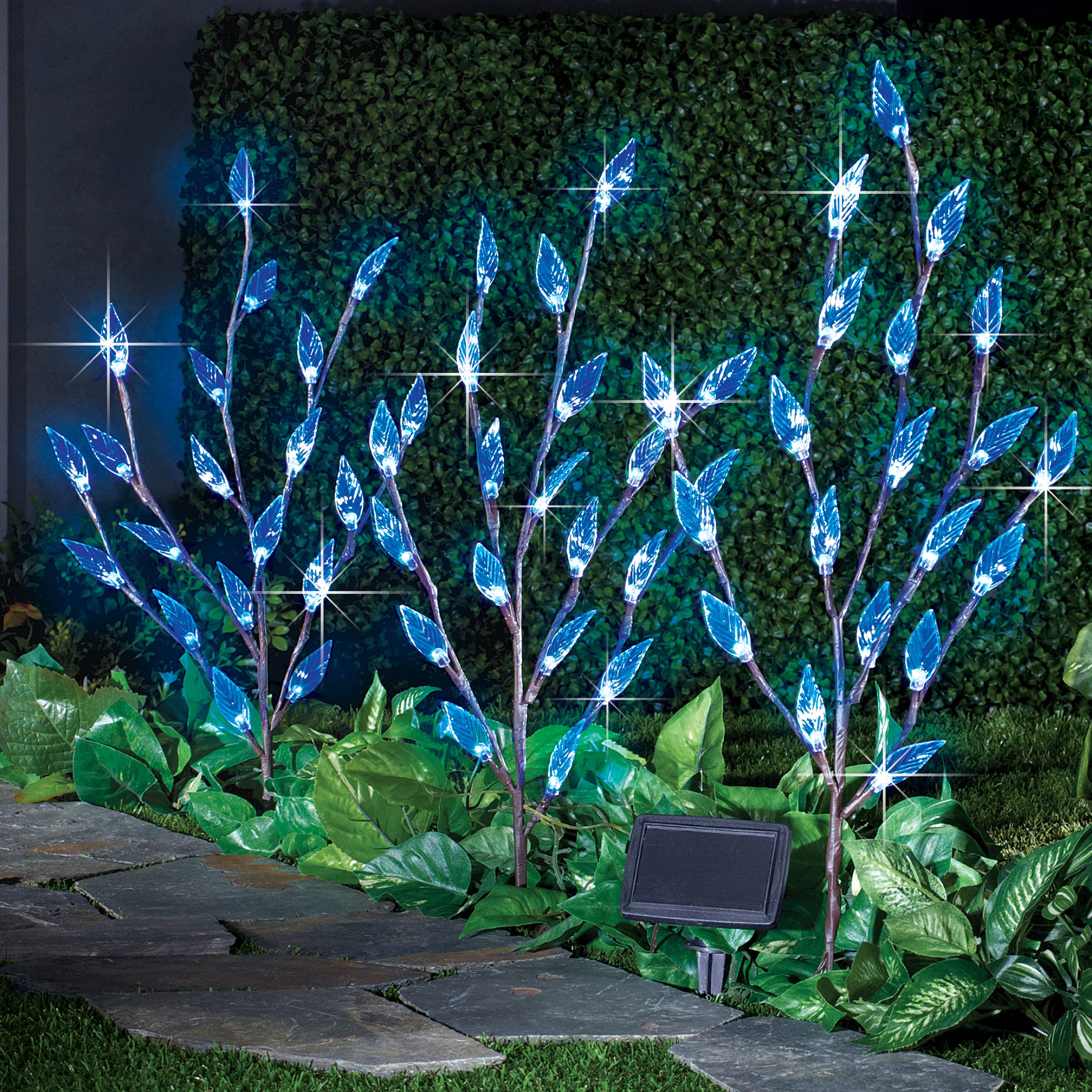 Collections Etc Bright Leaf Branch Solar Garden Lights With Adjustable Branches - Set Of 3, Outdoor Decorative Accents, Blue, 60
