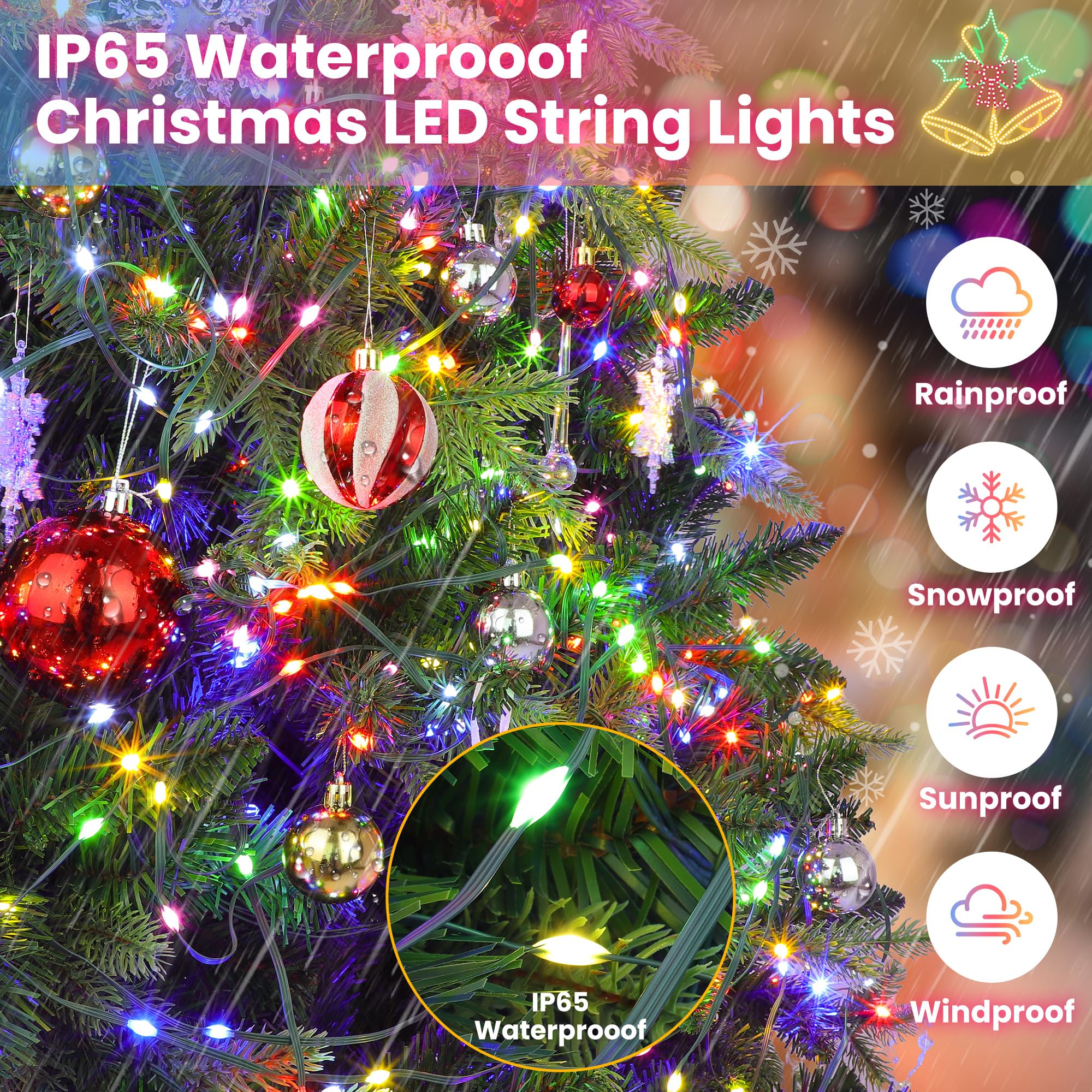 Larkvue Christmas Lights, 394FT, 1200 LEDs, Waterproof, Dimmable, 8 Modes, Remote Control, Multicolor, Model JT-EL/FC