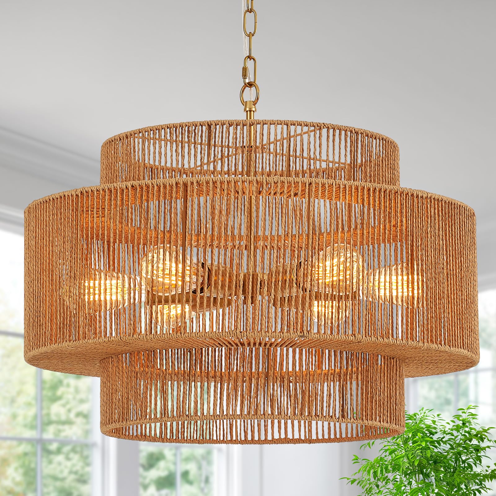Widluth 23.6" Rattan Chandelier Light Fixture Vintage 6-Lights Boho Hand-Woven Bamboo Chandelier Retro Farmhouse 3-Tier Drum Wicker Rattan Golden Chandelier For Dining Room, Kitchen, Living Room