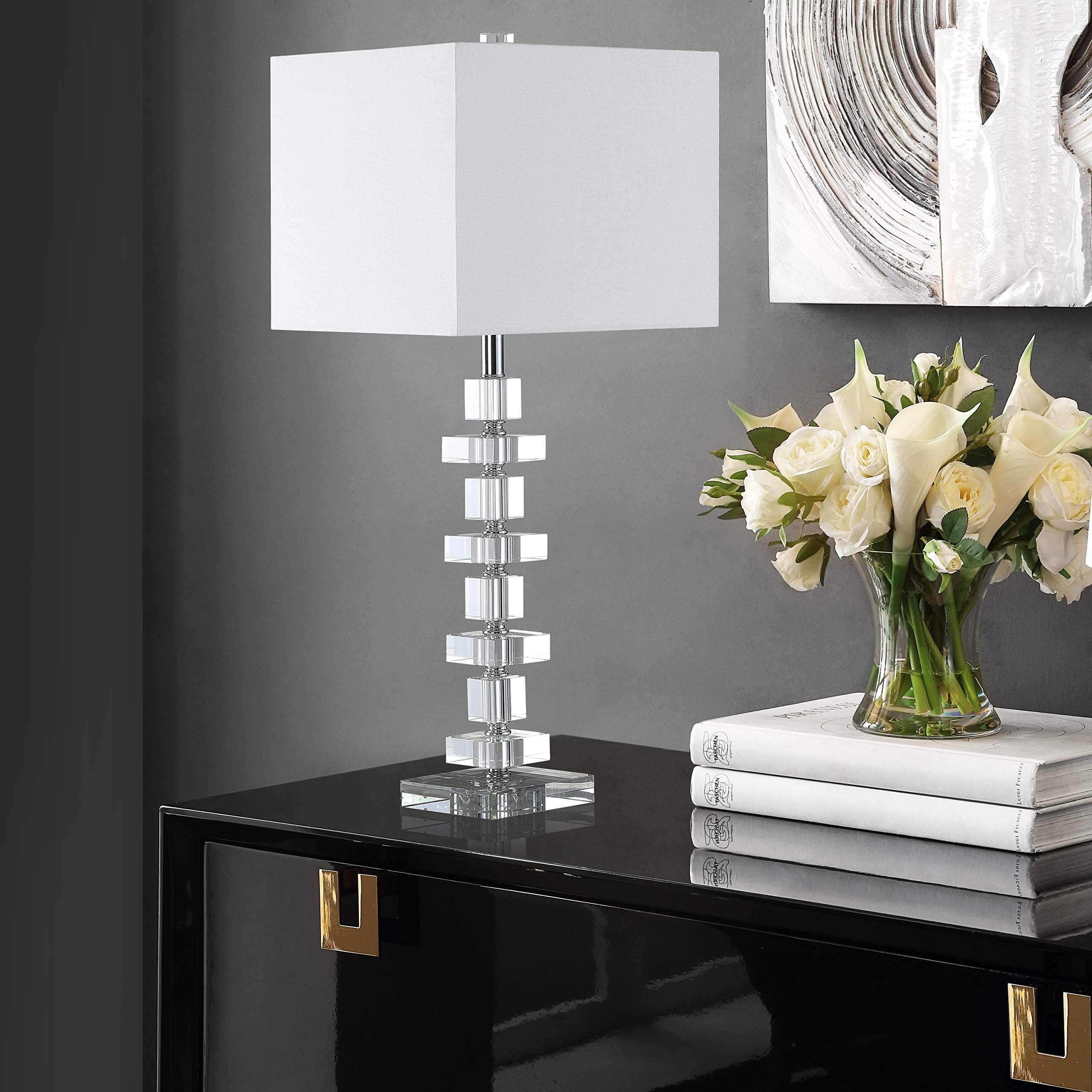 Safavieh Desk Nightstand Table Lamp Set of 2, 28 Inch, Clear/Chrome, Crystal, Model LIT4169A-SET2, LED Bulbs Included