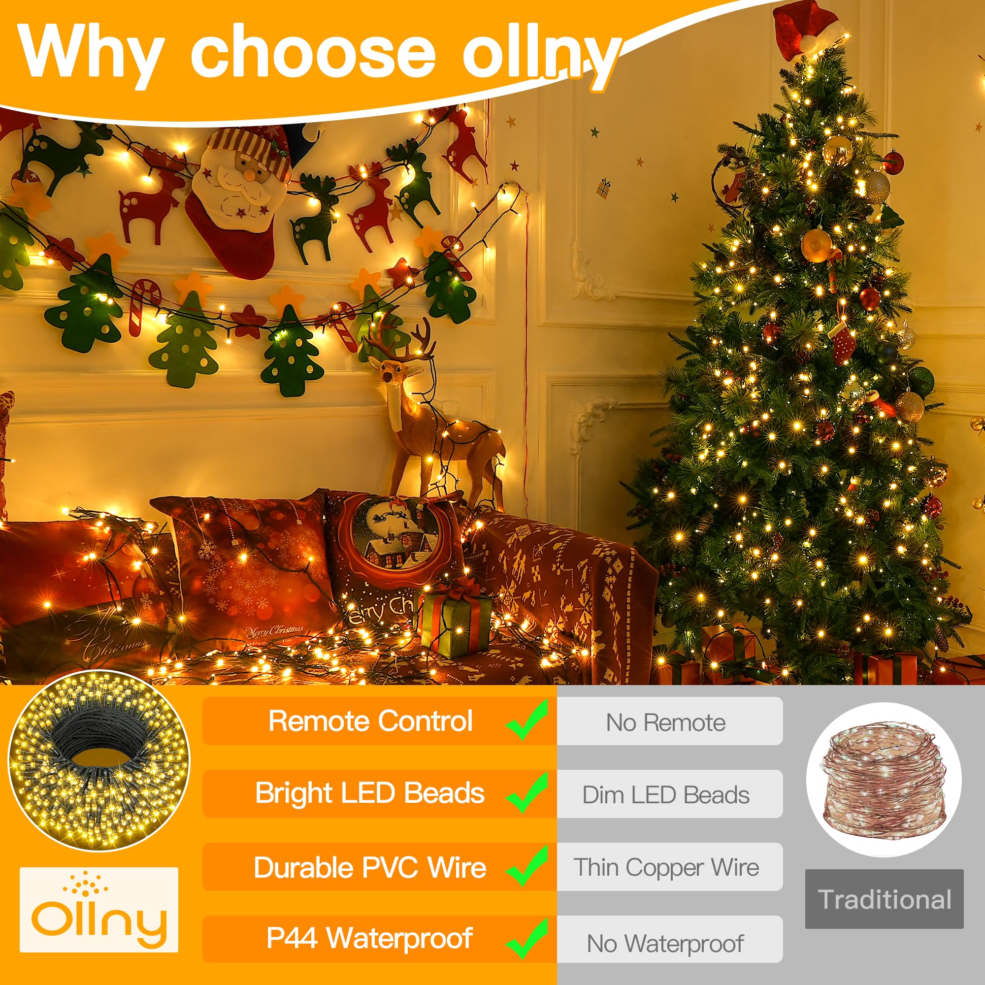 Ollny 262FT Warm White String Lights, 800LED, Waterproof Fairy Lights with Remote, 8 Modes & Timer for Outdoor Party Decorations