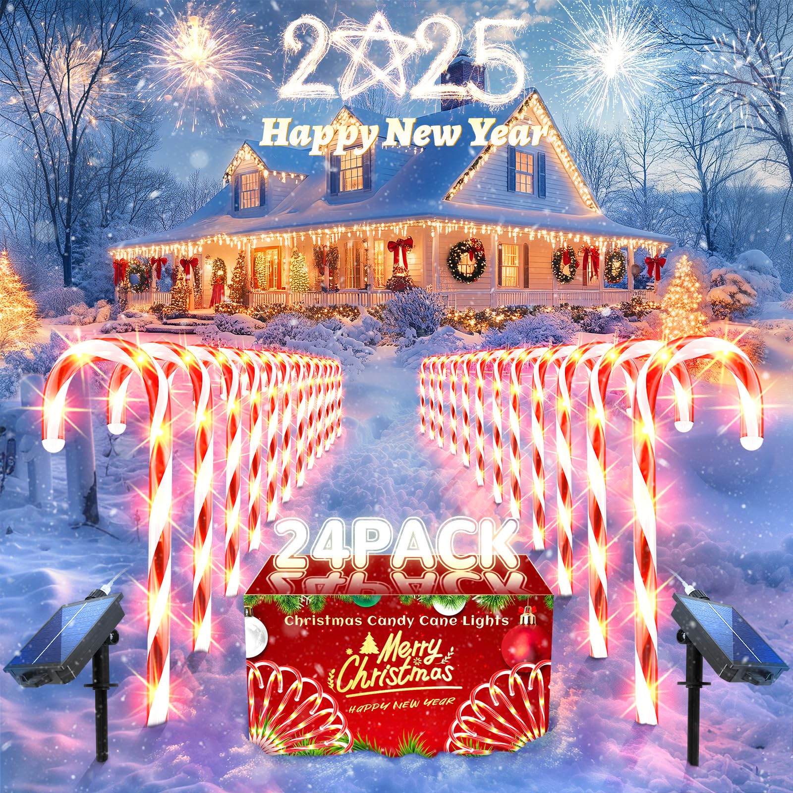 Solar Christmas Lights Outdoor Decorations: 24 Pack Candy Cane Light Waterproof for Yard Pathway Decorative - New Year Gardening