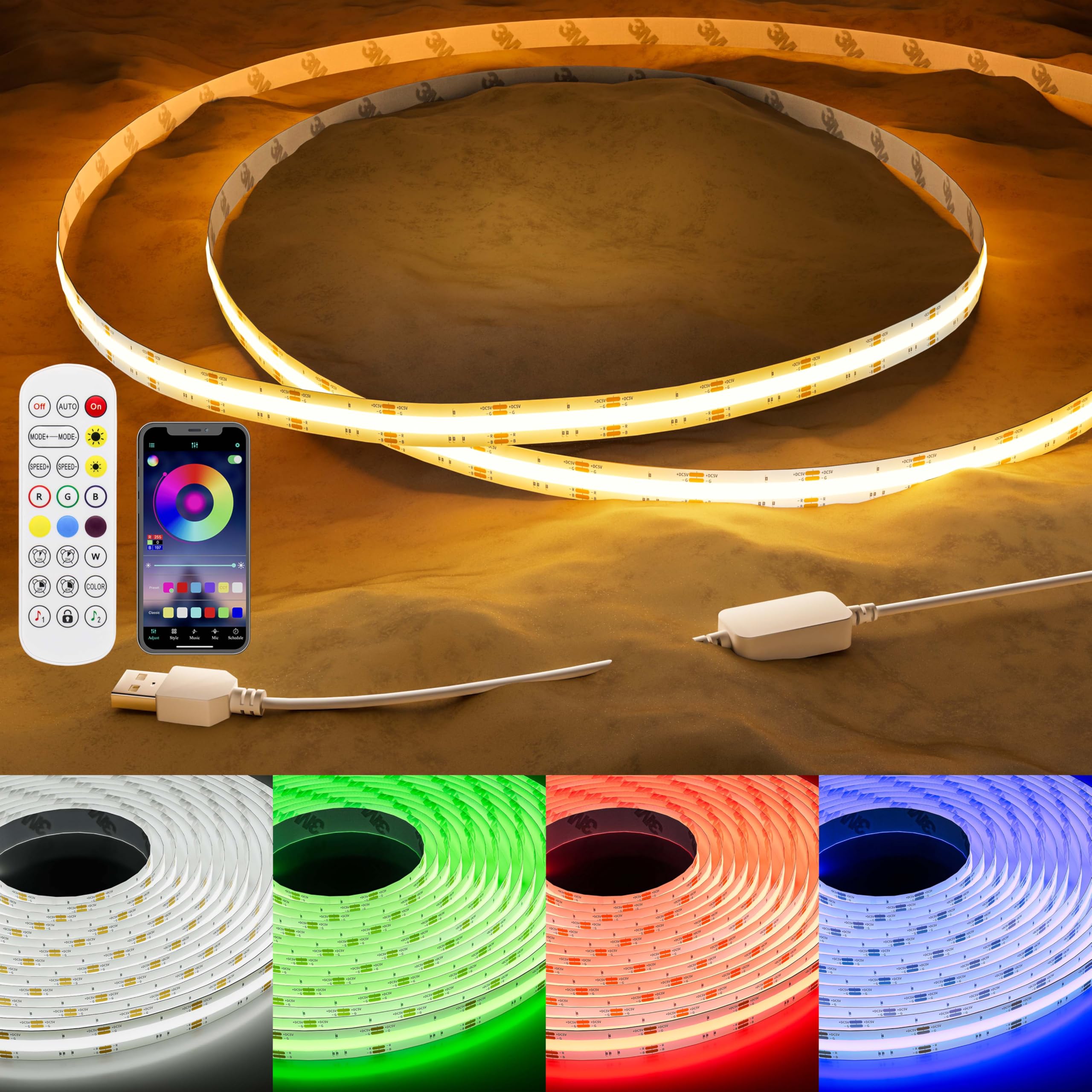 PAUTIX 5V USB RGB COB LED Strip Light 4.92ft/1.5m Color Changing Strip Lights,TV Backlight Multicolor Flexible Under Cabinet Tap