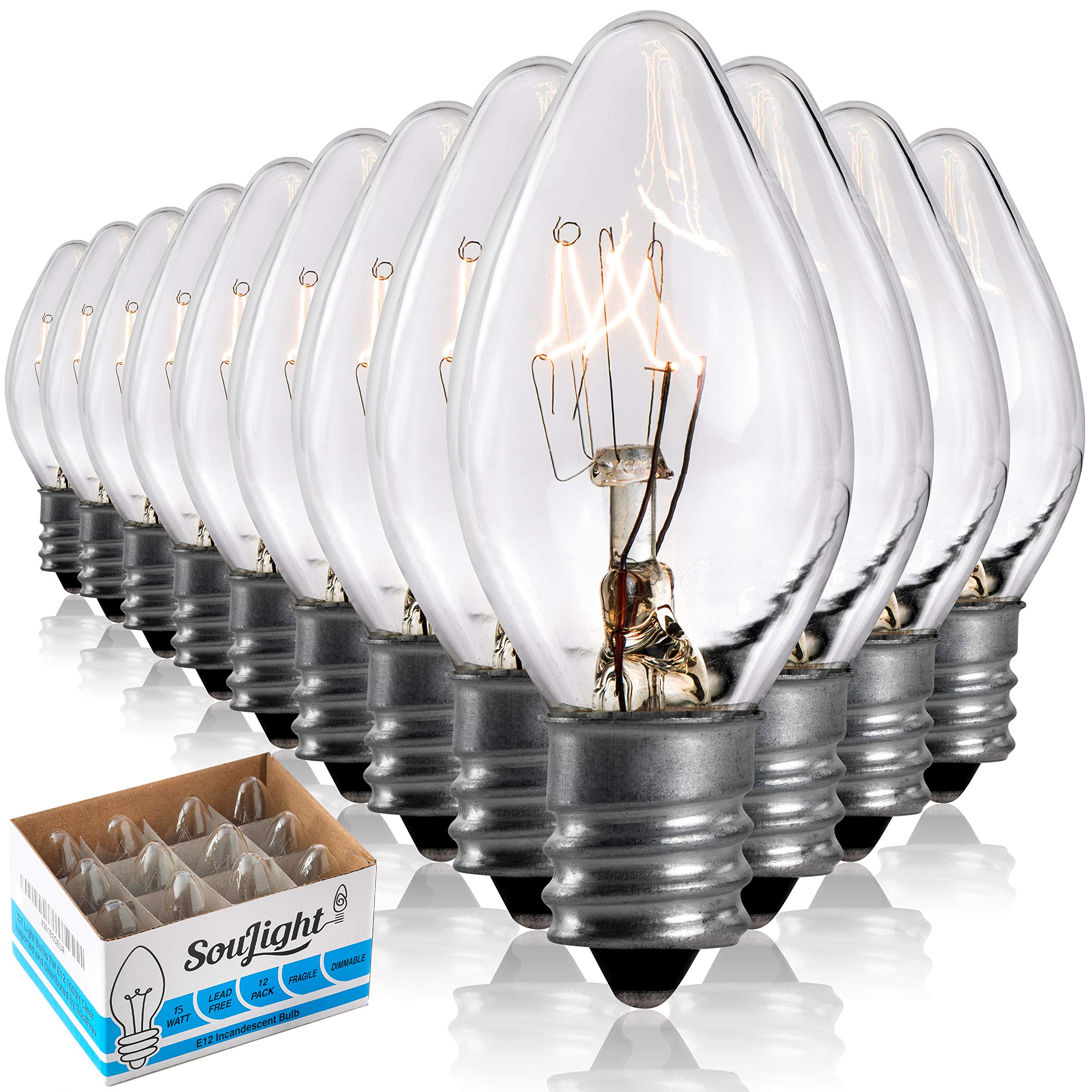 SouLight 15W Candelabra Base Bulbs - Clear Glass E12 C7 Socket, 12 Piece Set for Salt Lamps and Wax Warmers